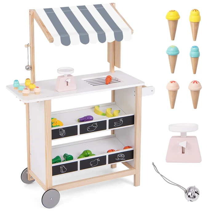 Kids Wooden Ice Cream Cart with Chalkboard & Storage - Image 10