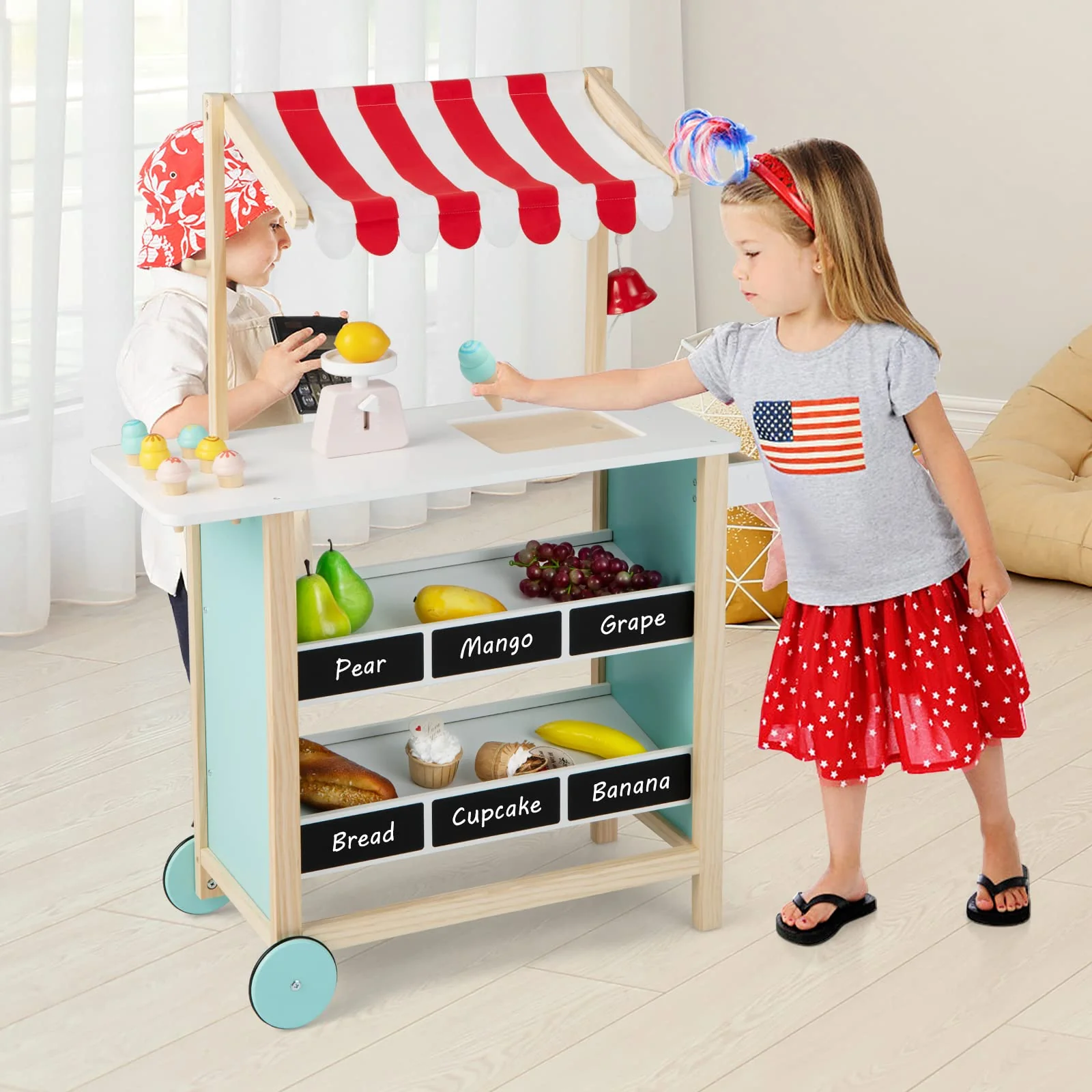 Kids Wooden Ice Cream Cart with Chalkboard & Storage - Image 3