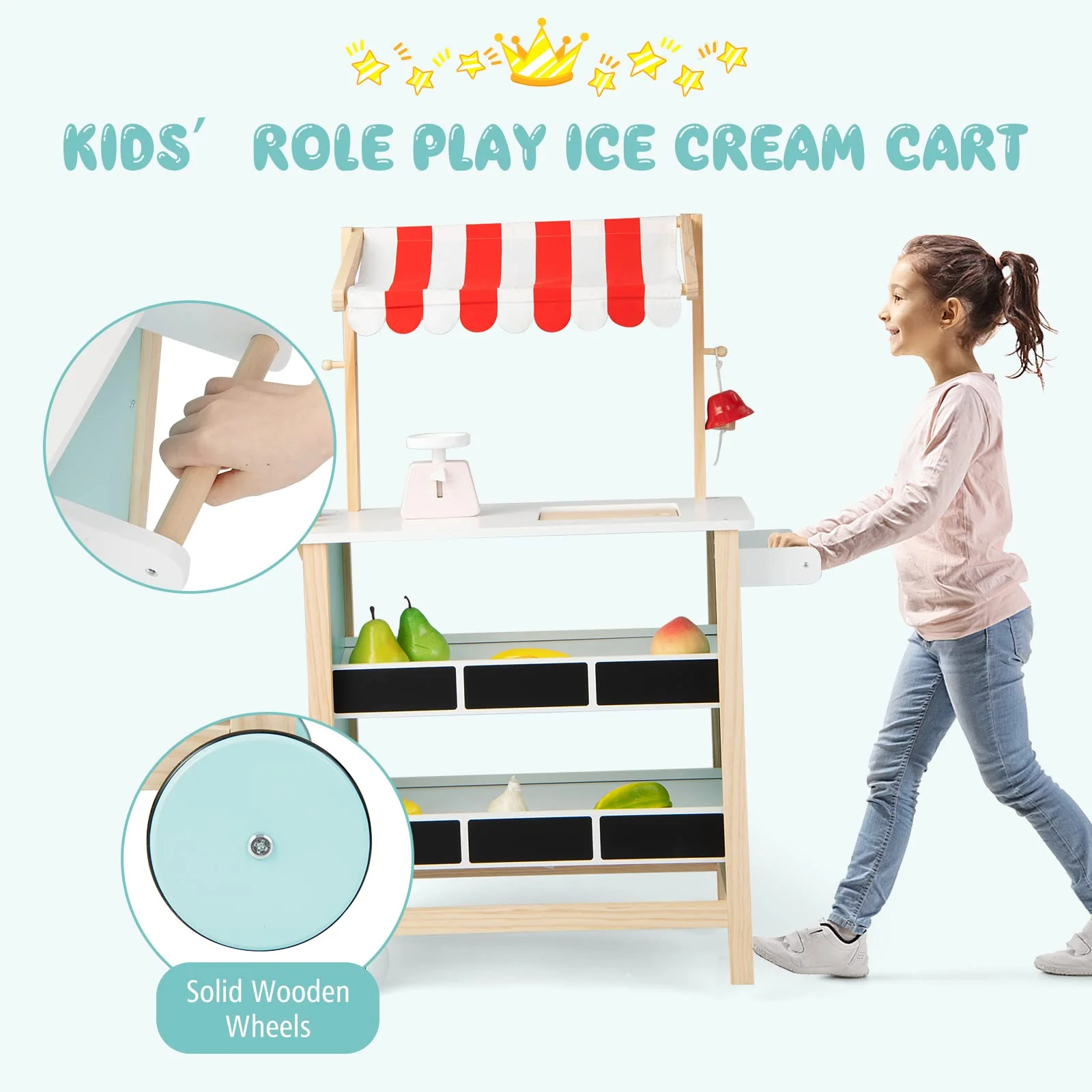Kids Wooden Ice Cream Cart with Chalkboard & Storage - Image 5