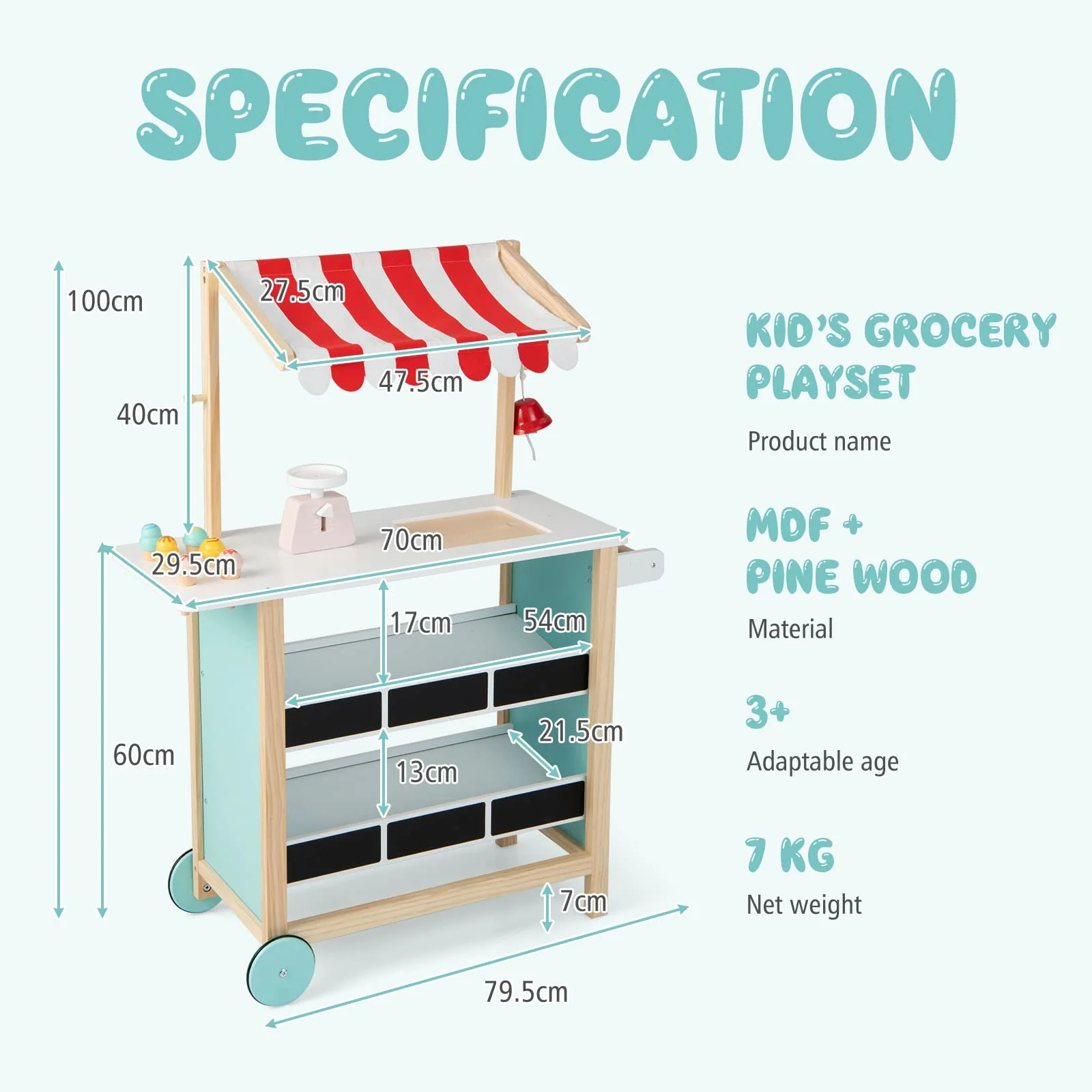 Kids Wooden Ice Cream Cart with Chalkboard & Storage - Image 6