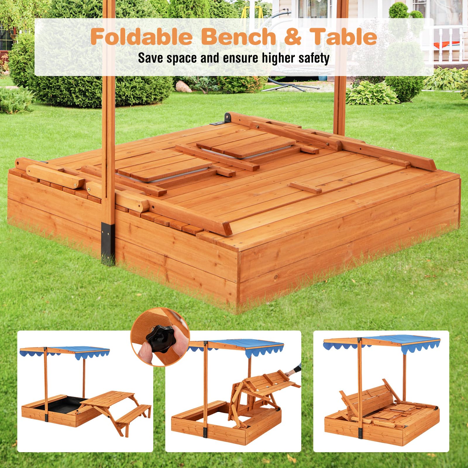 HONEY JOY Kids Wooden Sand Box w/Lid Cover, Outdoor Sand Pit for Children - Image 4