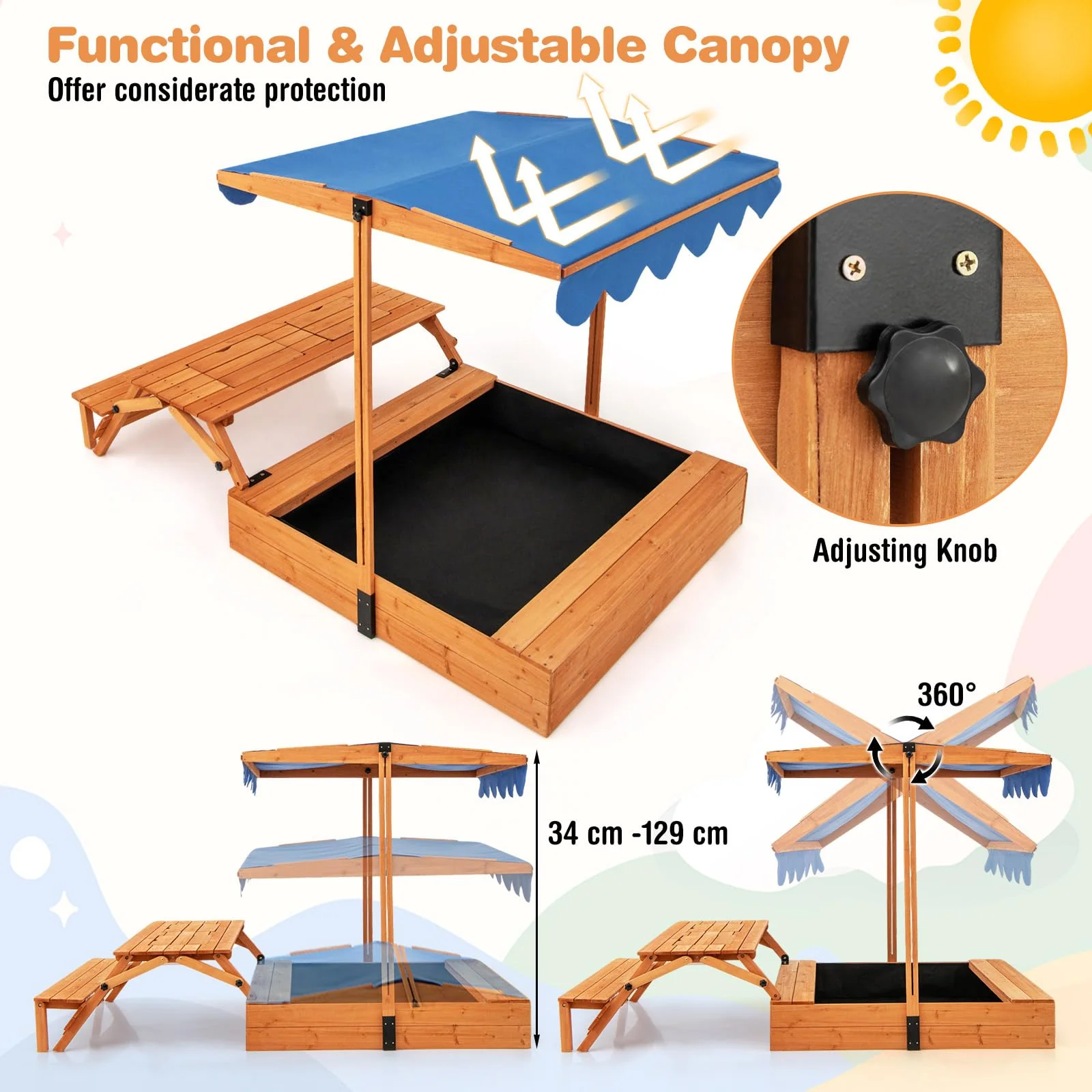 HONEY JOY Kids Wooden Sand Box w/Lid Cover, Outdoor Sand Pit for Children - Image 5