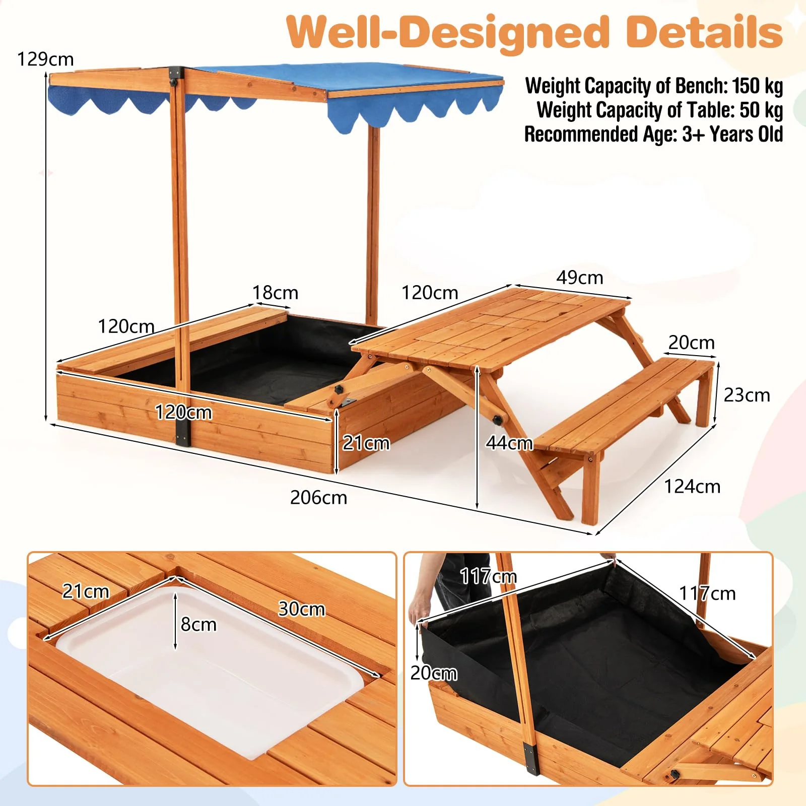 HONEY JOY Kids Wooden Sand Box w/Lid Cover, Outdoor Sand Pit for Children - Image 7