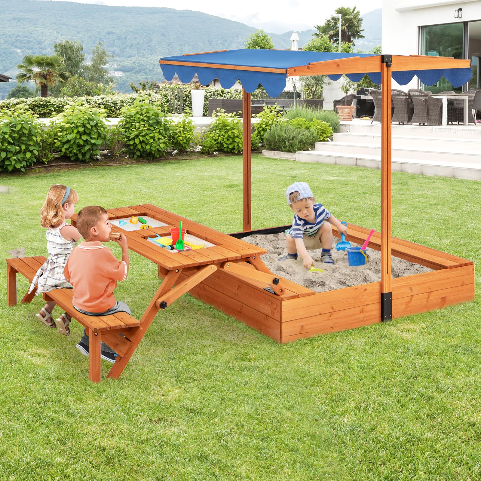 HONEY JOY Kids Wooden Sand Box w/Lid Cover, Outdoor Sand Pit for Children - Image 9