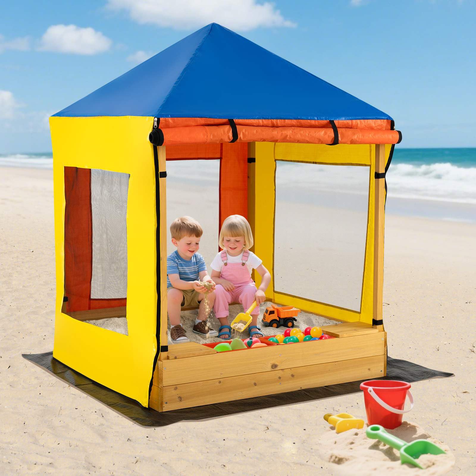 Kids Wooden Sandbox with Canopy, Outdoor Large Fir Wood Playhouse w/Bottom Liner - Image 2