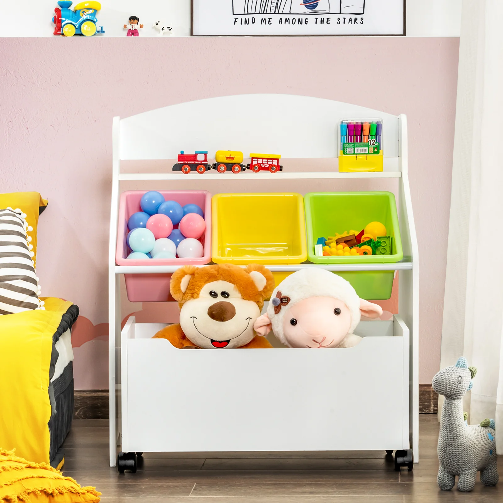 Kids Wooden Storage Cabinet, Preschool/Homeschooling Mobile Organizer Shelf - Image 2