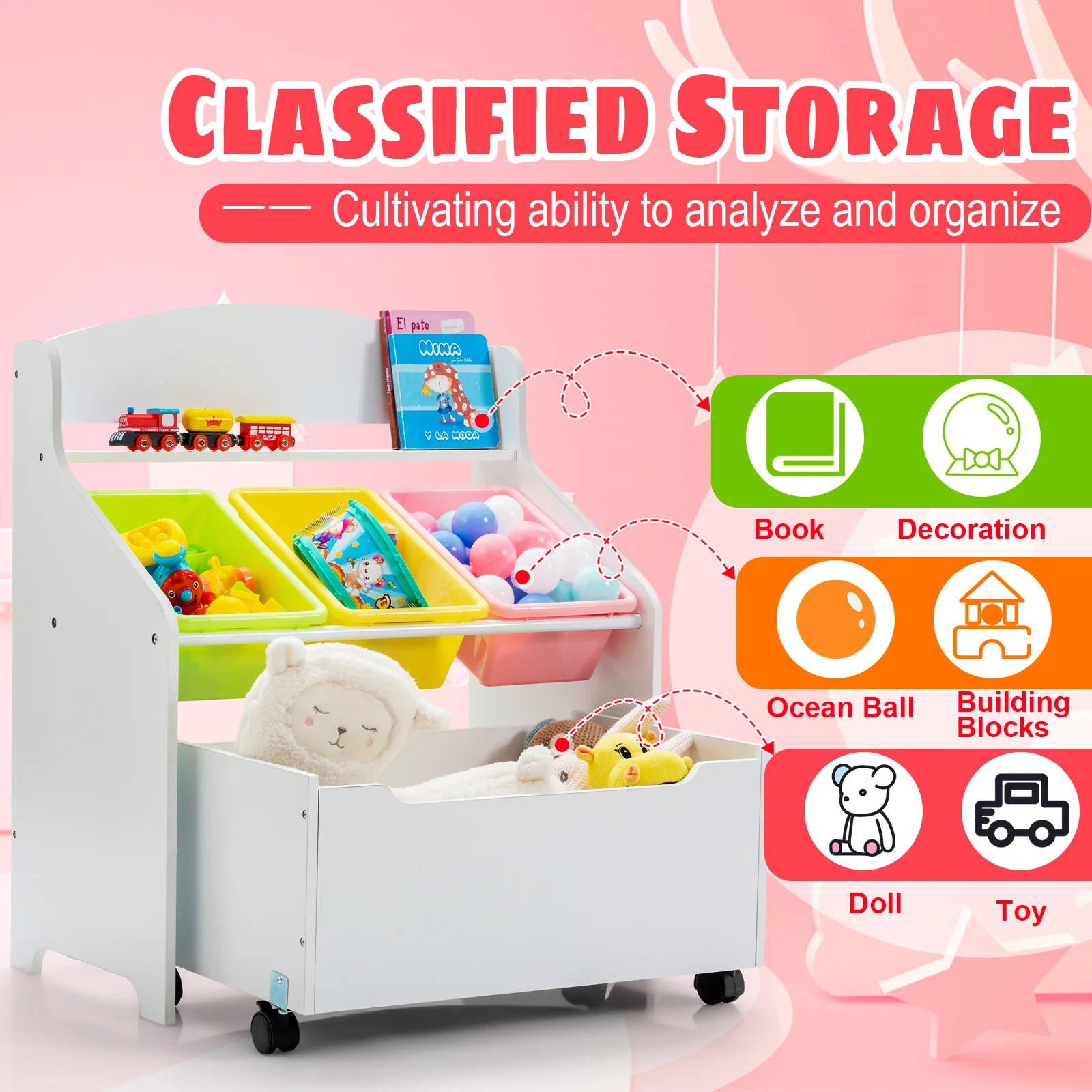 Kids Wooden Storage Cabinet, Preschool/Homeschooling Mobile Organizer Shelf - Image 5