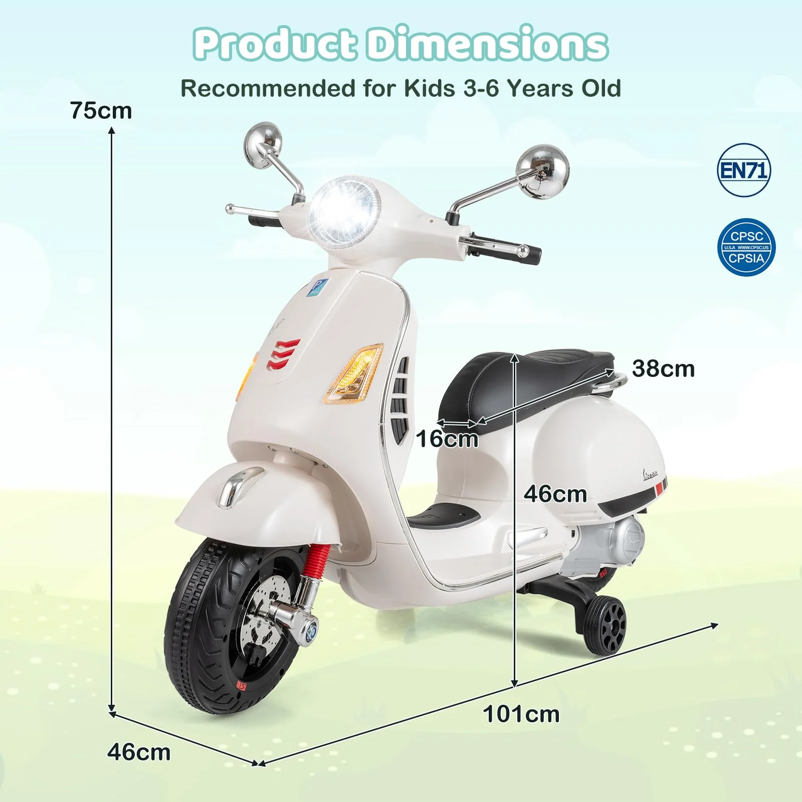 Licensed VESPA 12V Kids Electric Motorcycle with Dual Motors - Image 3