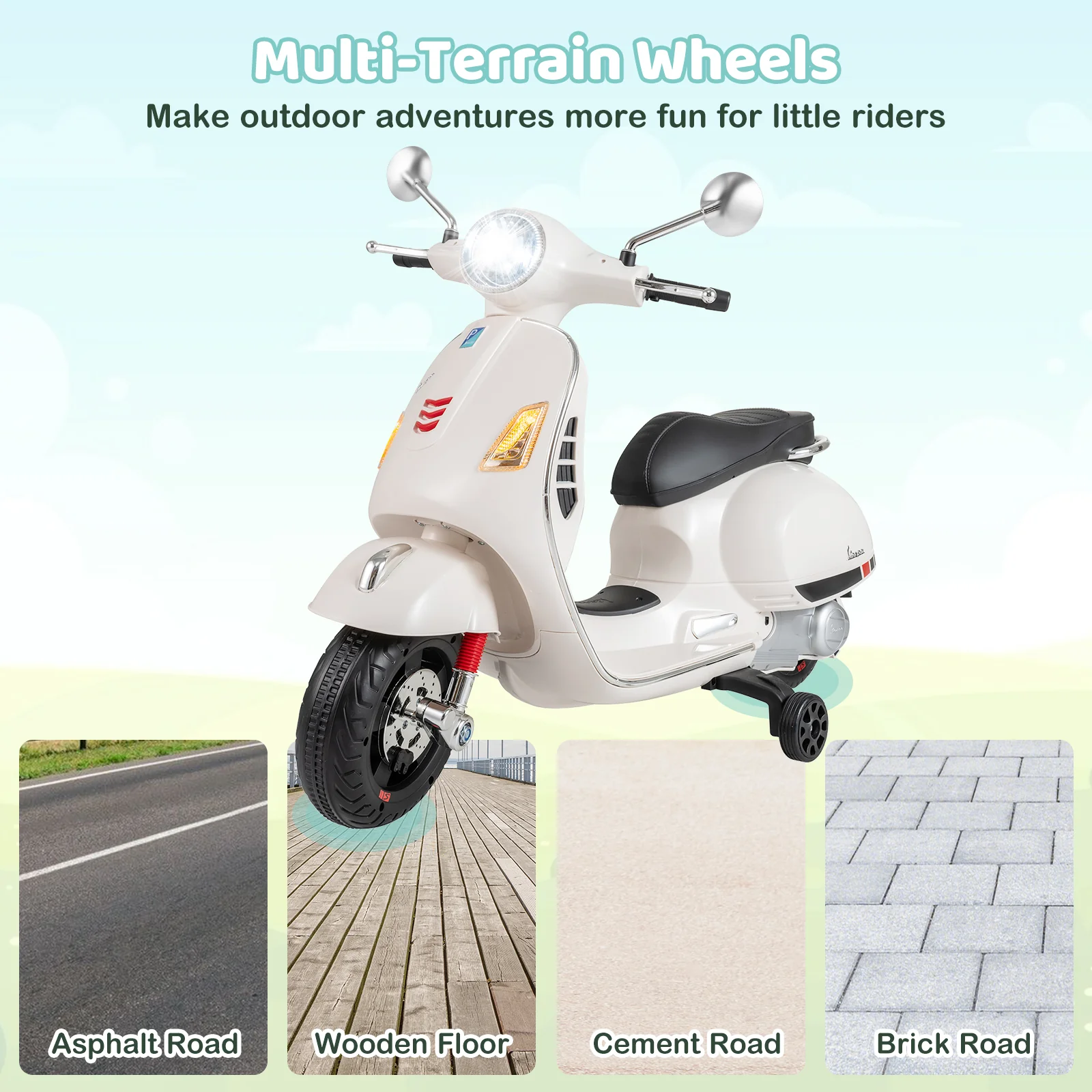 Licensed VESPA 12V Kids Electric Motorcycle with Dual Motors - Image 5