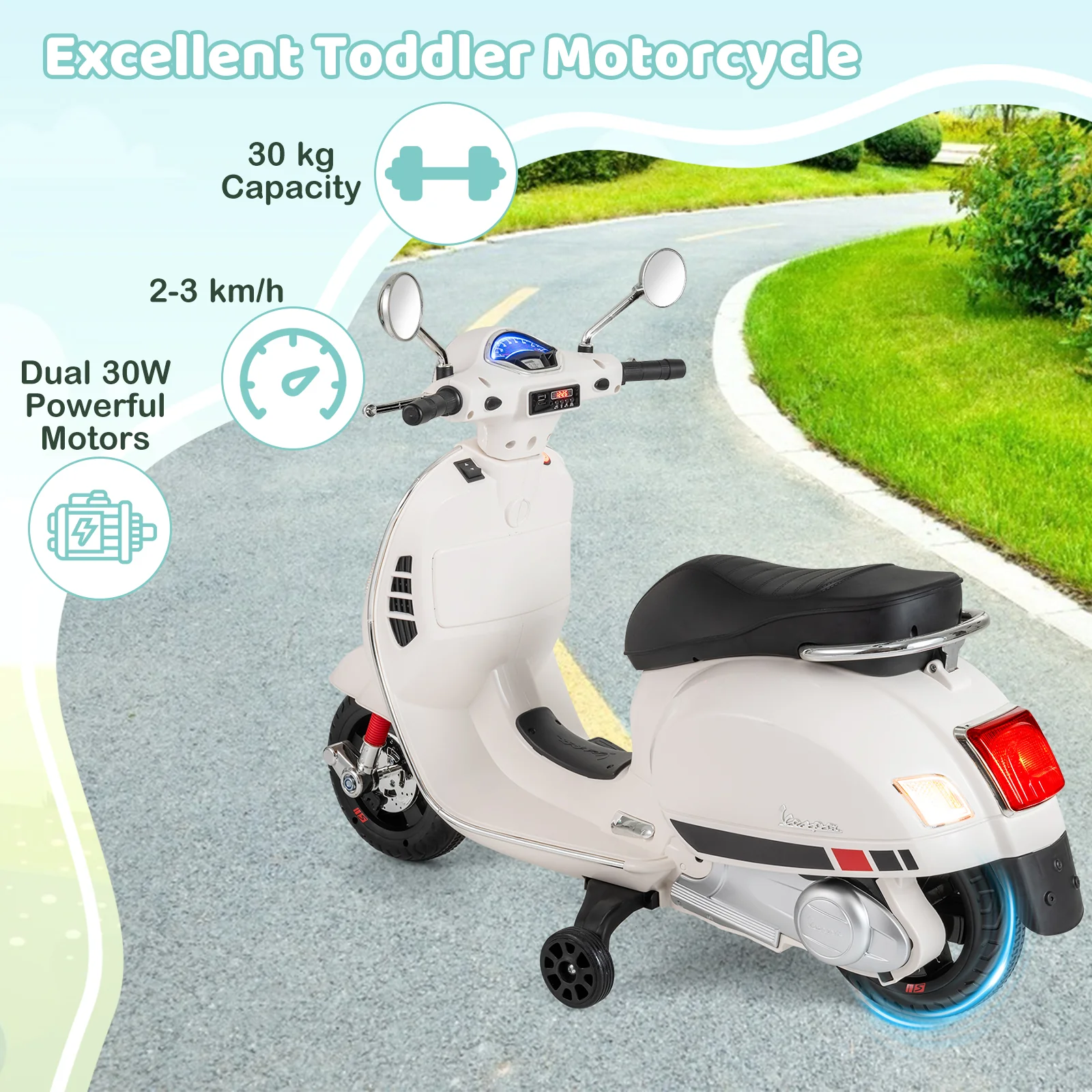 Licensed VESPA 12V Kids Electric Motorcycle with Dual Motors - Image 7
