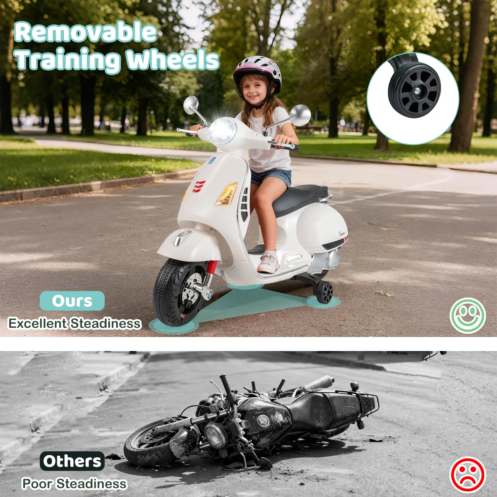Licensed VESPA 12V Kids Electric Motorcycle with Dual Motors - Image 8
