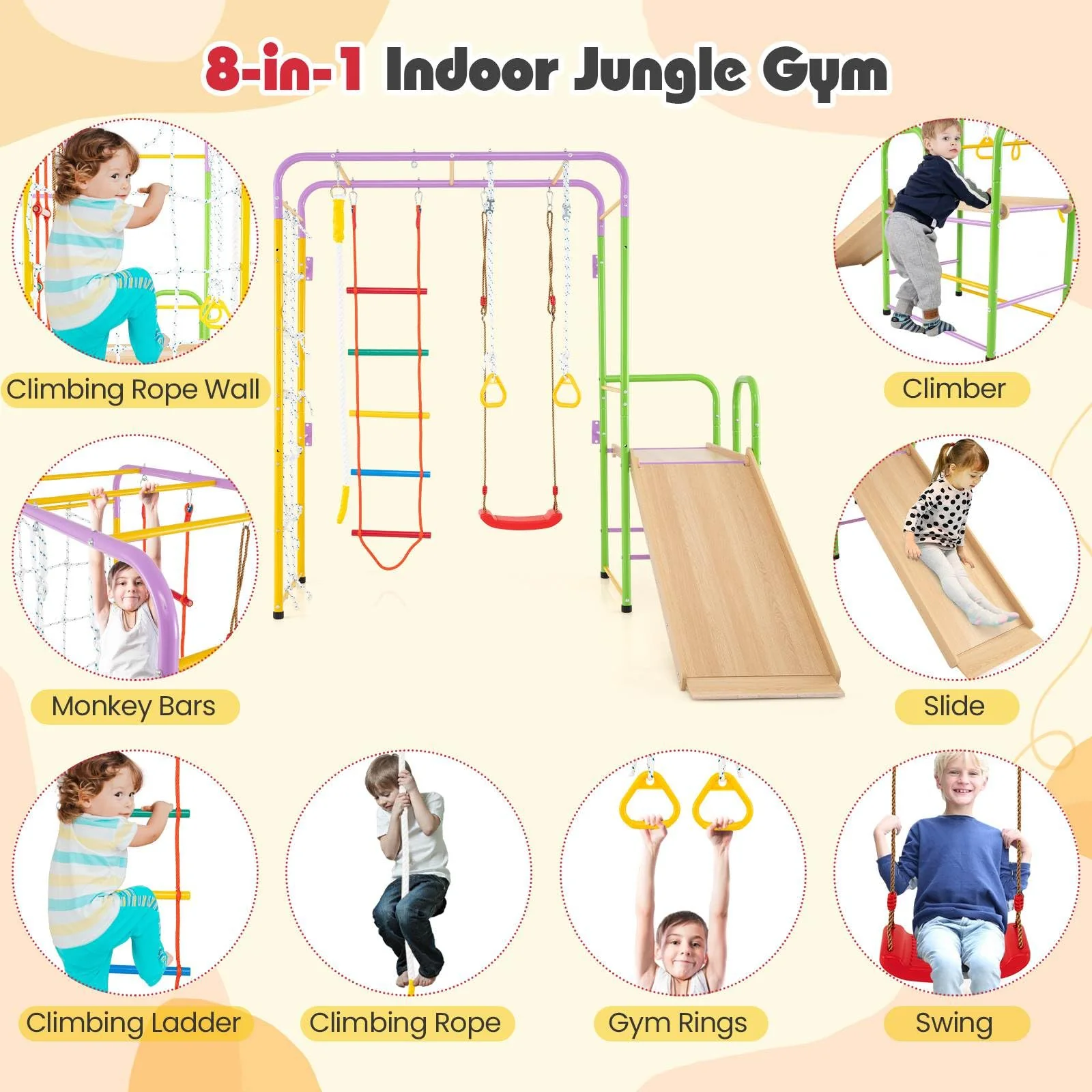 Metal Indoor Jungle Gym, 8-in-1 Climbing Playset w/Monkey Bars - Image 3