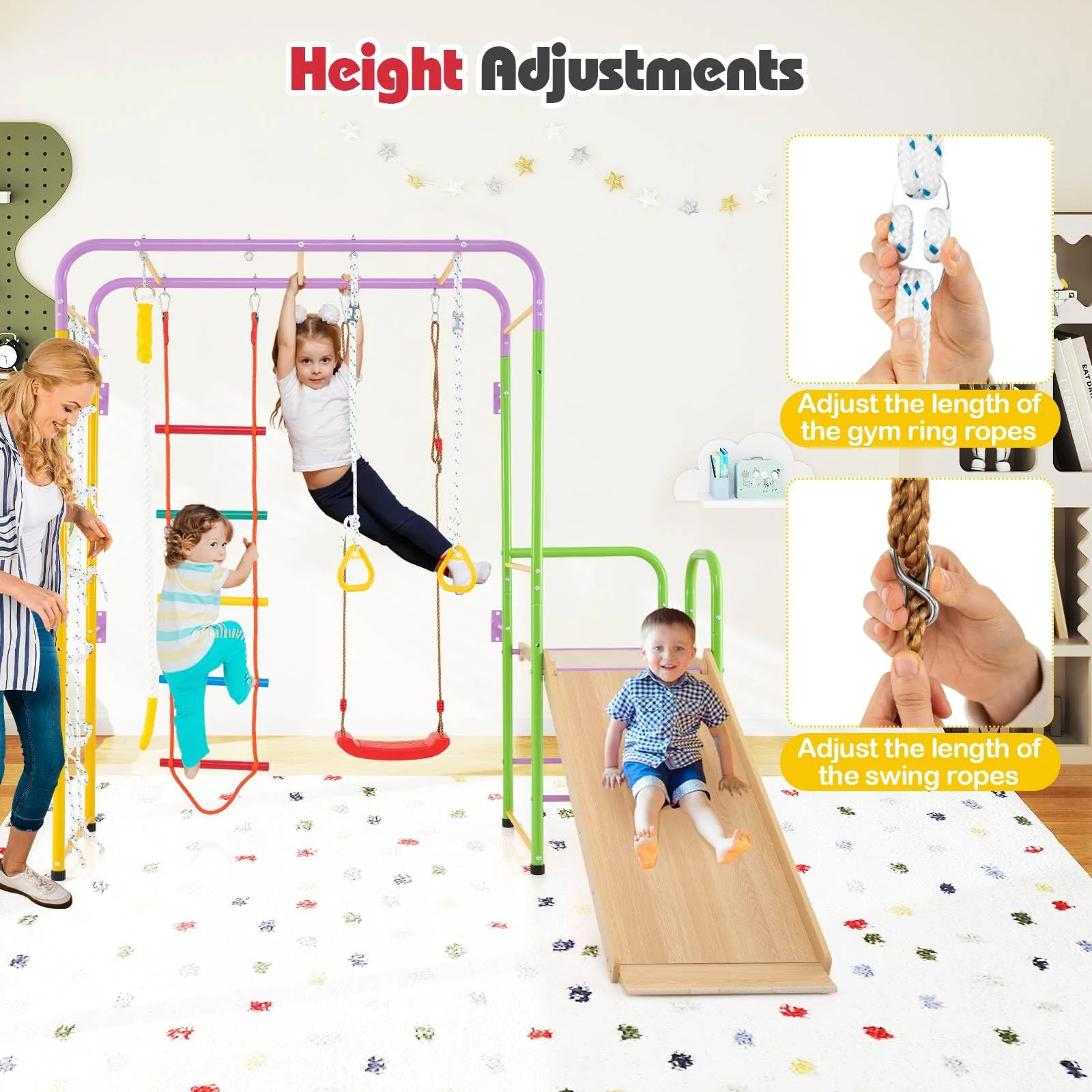 Metal Indoor Jungle Gym, 8-in-1 Climbing Playset w/Monkey Bars - Image 4