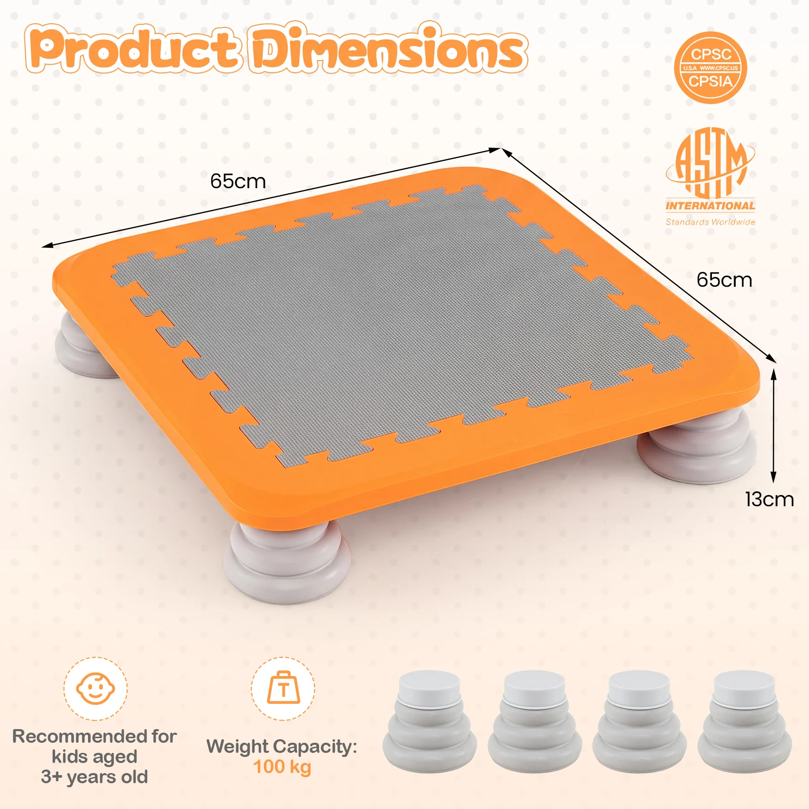 Mini Trampoline for Kids, 65 cm Trampoline Bouncing Board with 4 Removable & Non-Slip Foot Pads - Image 3