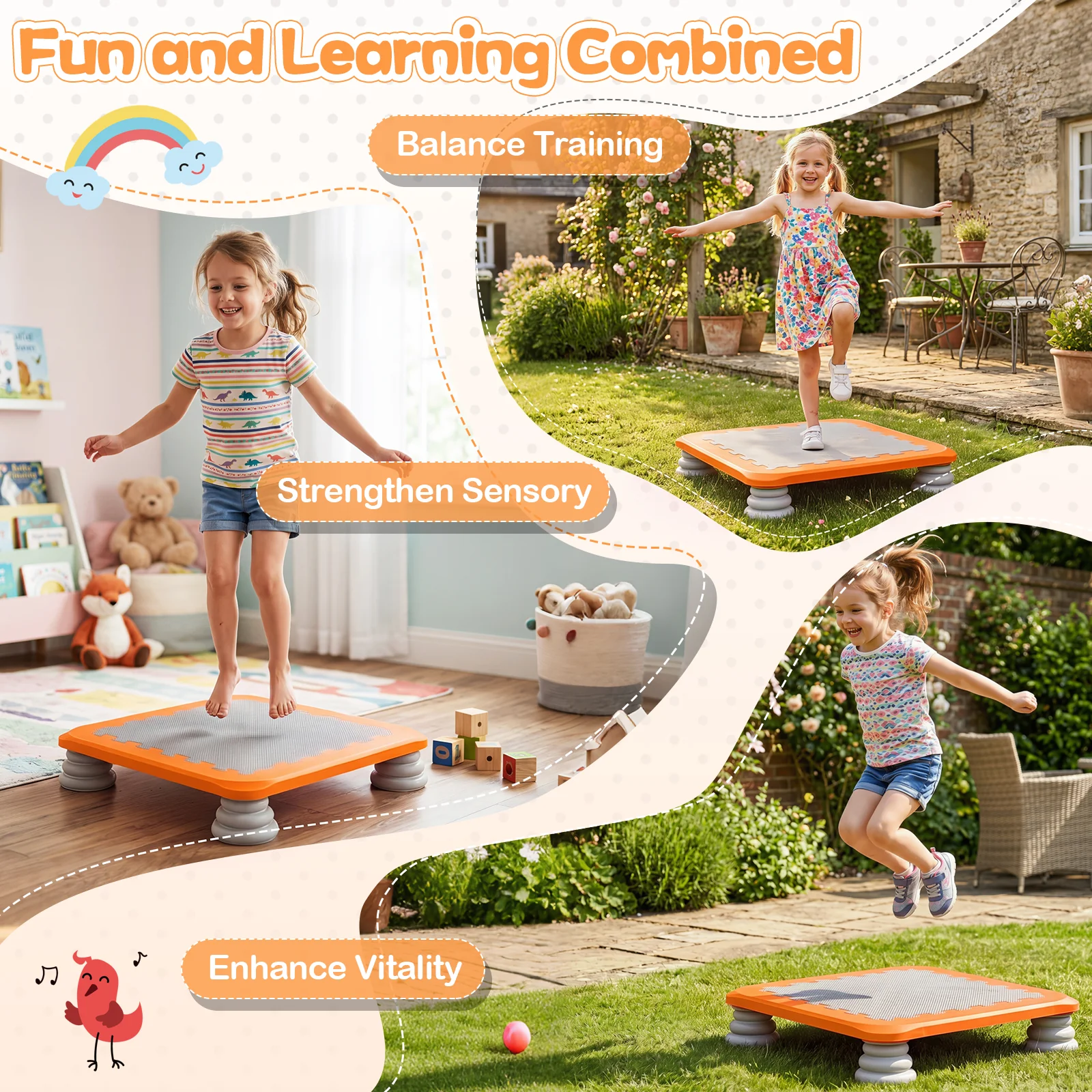 Mini Trampoline for Kids, 65 cm Trampoline Bouncing Board with 4 Removable & Non-Slip Foot Pads - Image 6