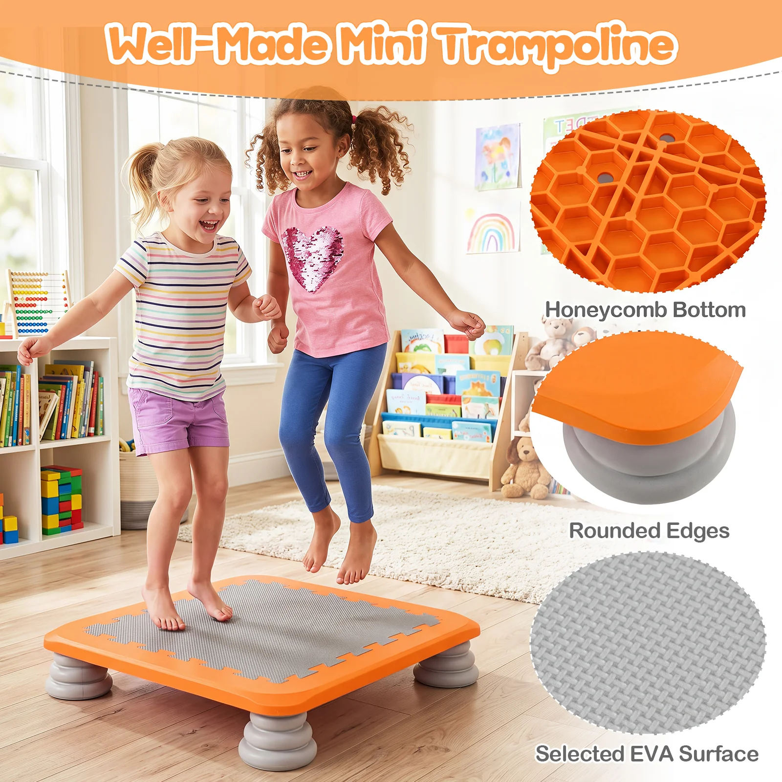 Mini Trampoline for Kids, 65 cm Trampoline Bouncing Board with 4 Removable & Non-Slip Foot Pads - Image 9