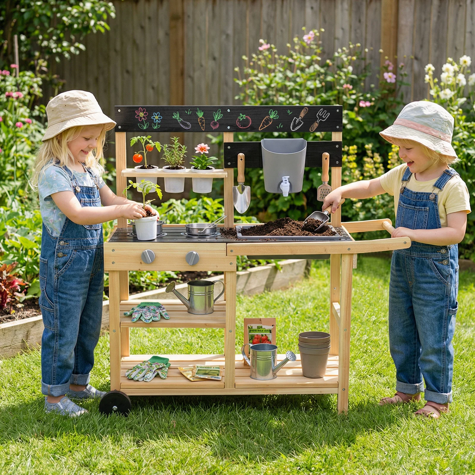 Mud Kitchen with Wheels, Outdoor Fir Wood Play Kitchen - Image 10