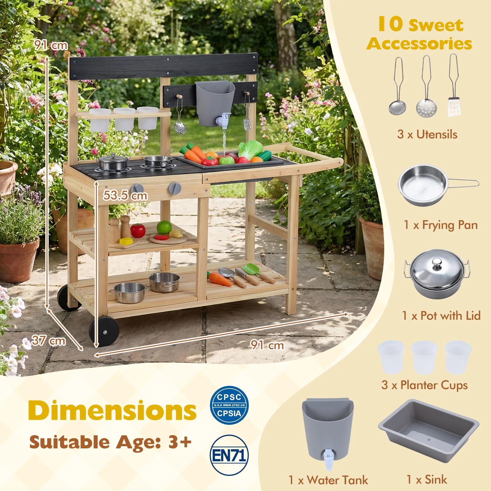 Mud Kitchen with Wheels, Outdoor Fir Wood Play Kitchen - Image 3