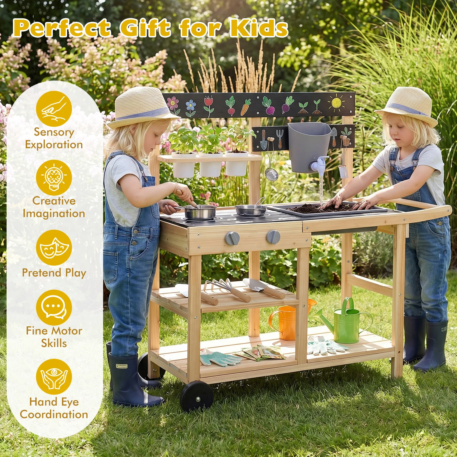 Mud Kitchen with Wheels, Outdoor Fir Wood Play Kitchen - Image 8