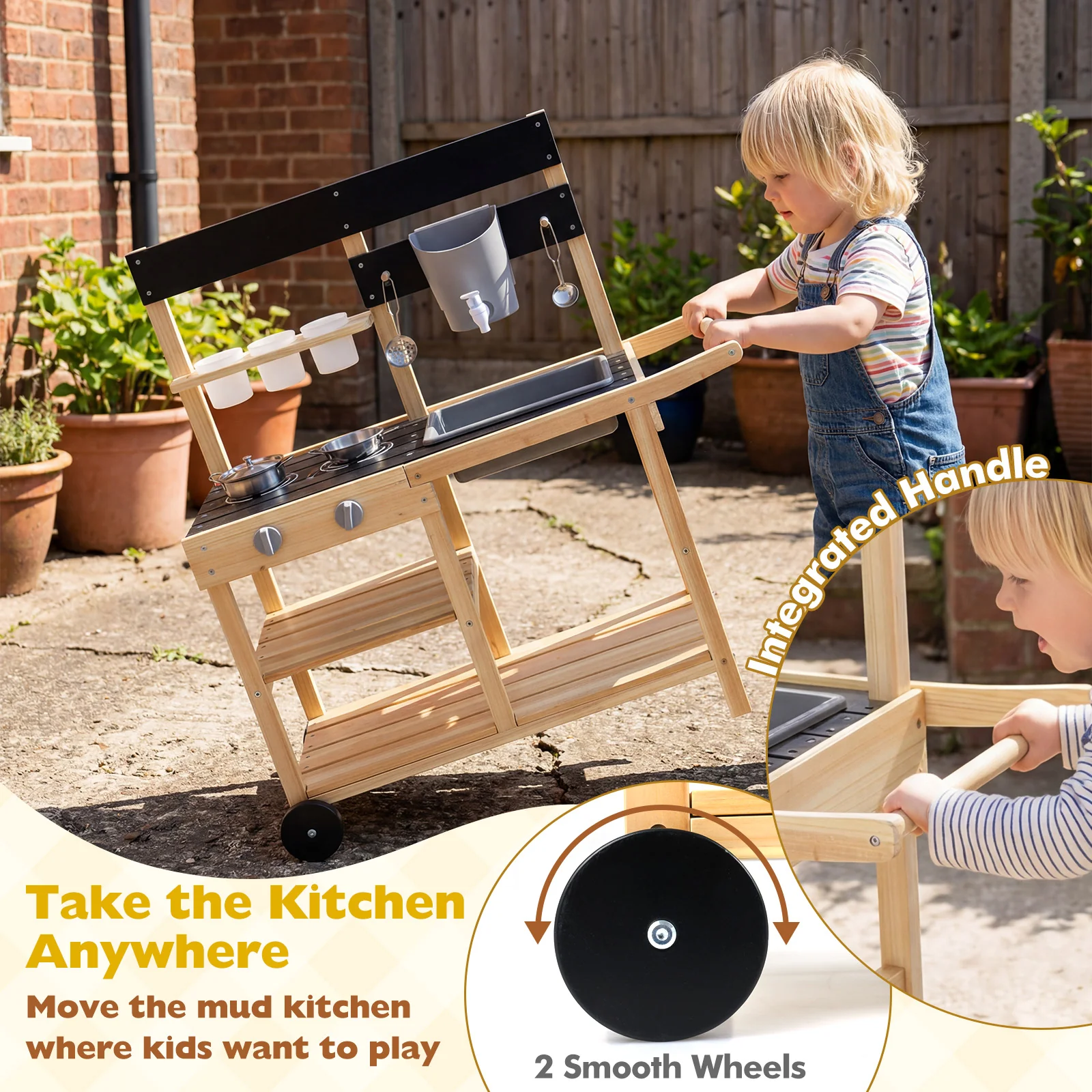 Mud Kitchen with Wheels, Outdoor Fir Wood Play Kitchen - Image 9