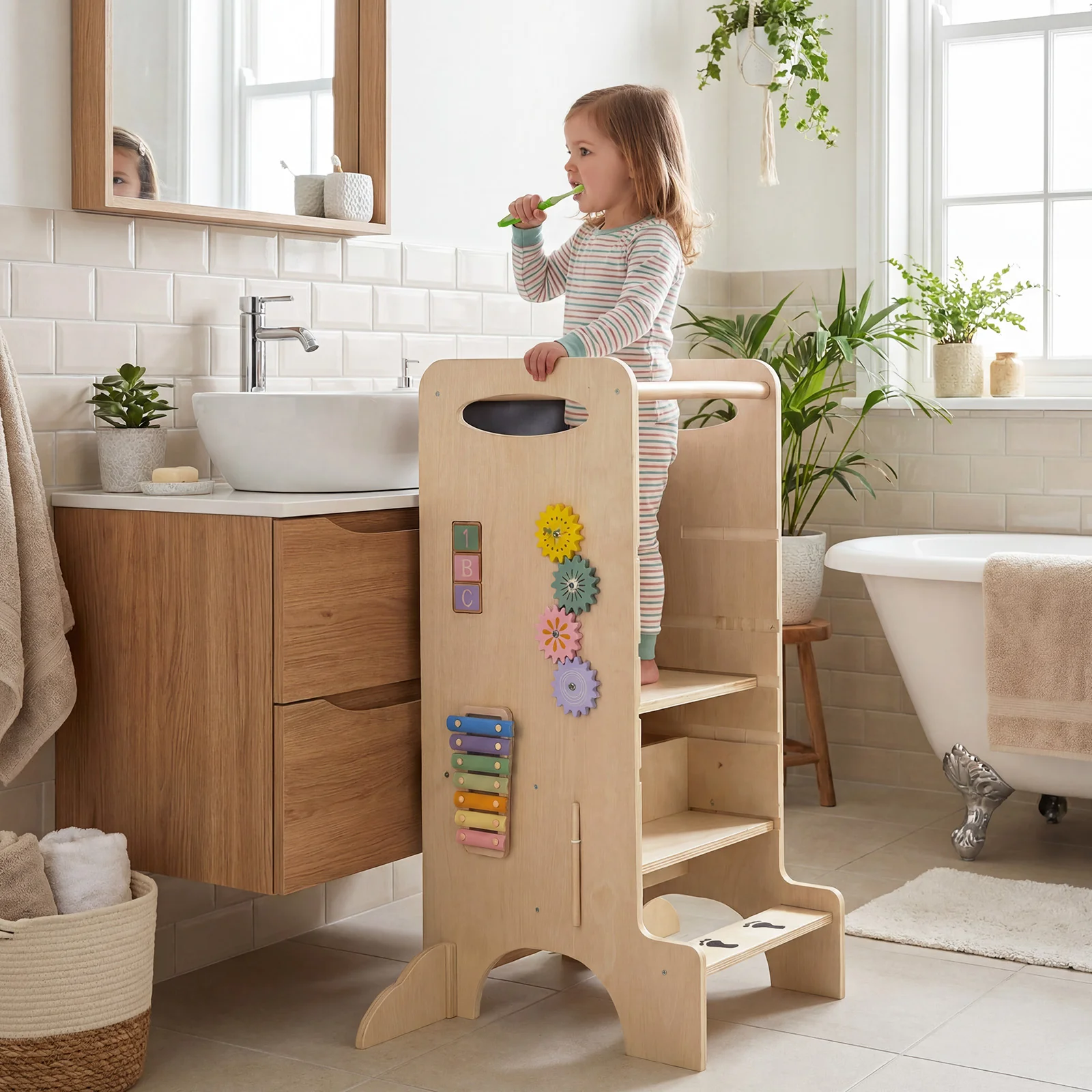 Multifunctional Kids Step Stool with 3 Adjustable Heights and Removable Chalkboard - Image 9