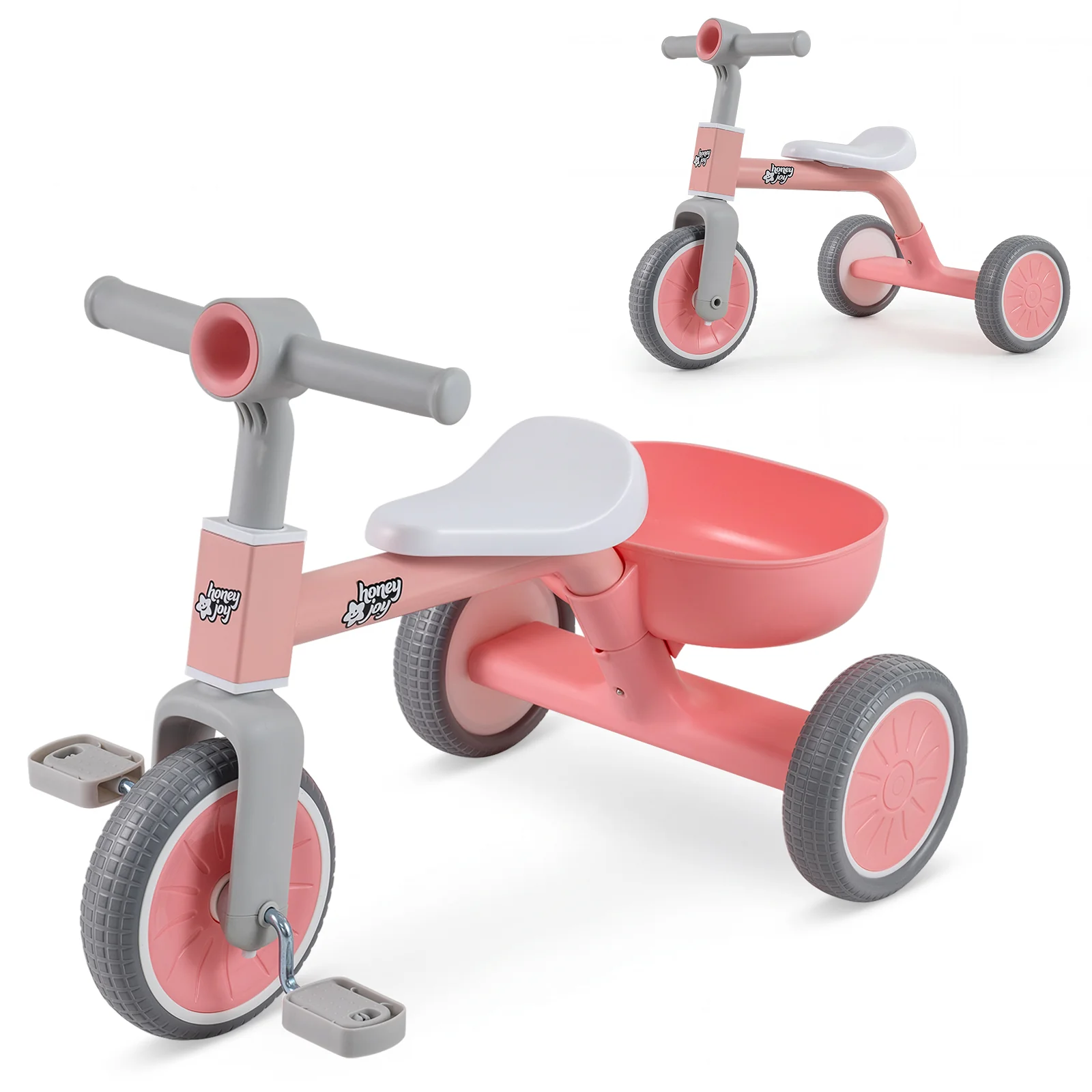 Convertible Kids Tricycle, Toddler Trike with 86° Limited Steering Angle, Carbon Steel Frame, Removable Pedals & Detachable Storage Basket