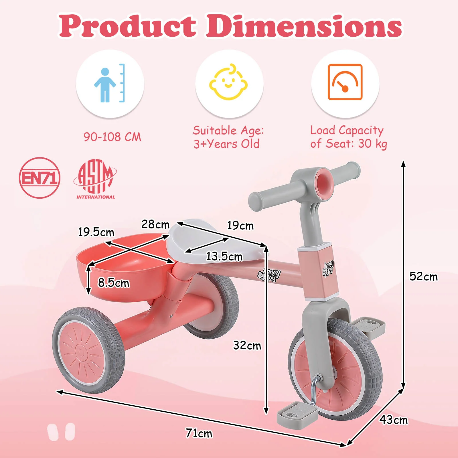 Convertible Kids Tricycle, Toddler Trike with 86° Limited Steering Angle, Carbon Steel Frame, Removable Pedals & Detachable Storage Basket - Image 6