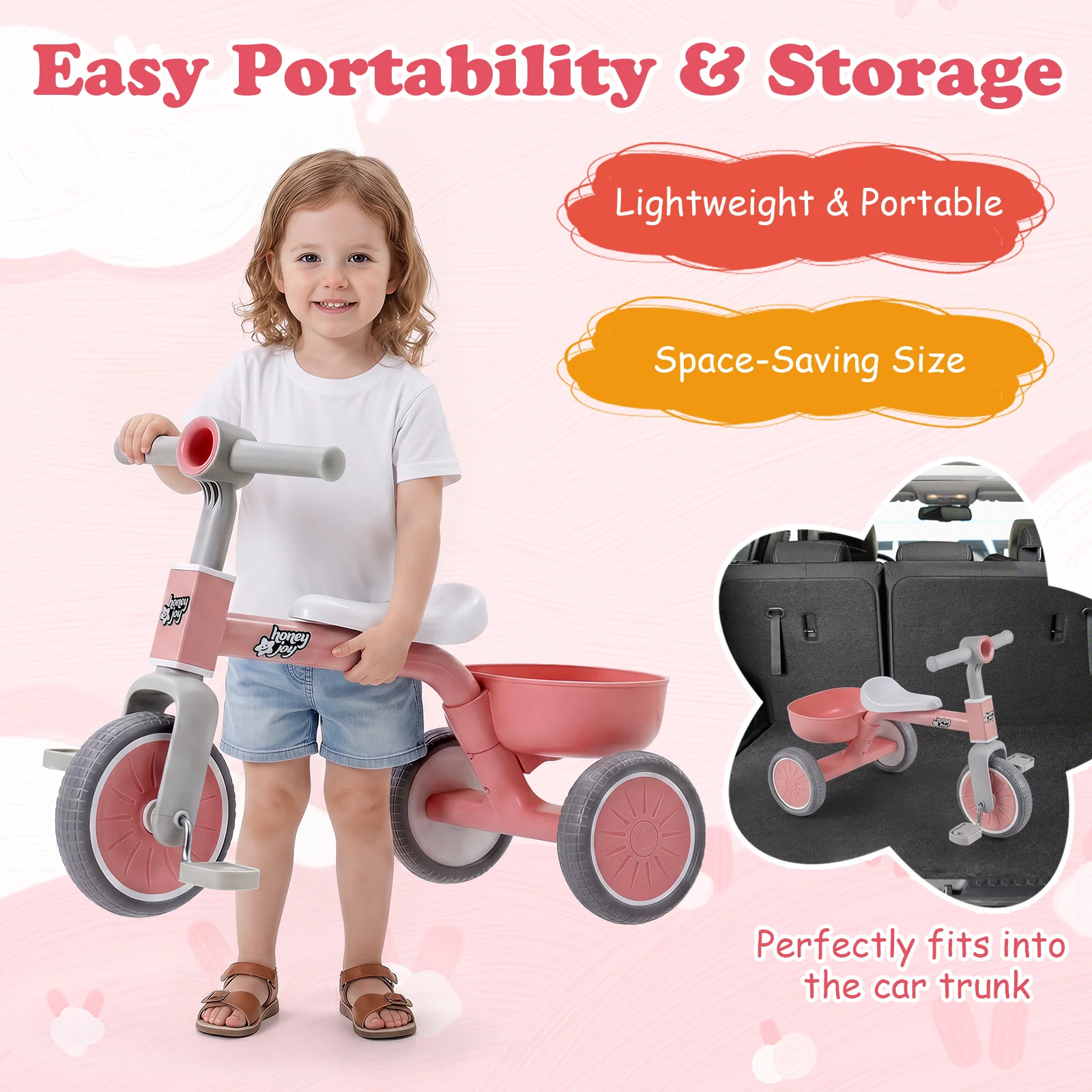 Convertible Kids Tricycle, Toddler Trike with 86° Limited Steering Angle, Carbon Steel Frame, Removable Pedals & Detachable Storage Basket - Image 8