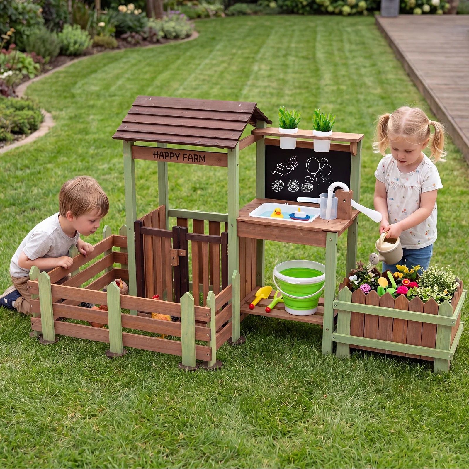 Outdoor Mud Farm Playset for Kids, Fir Wood Barnyard Pretend Toy - Image 3