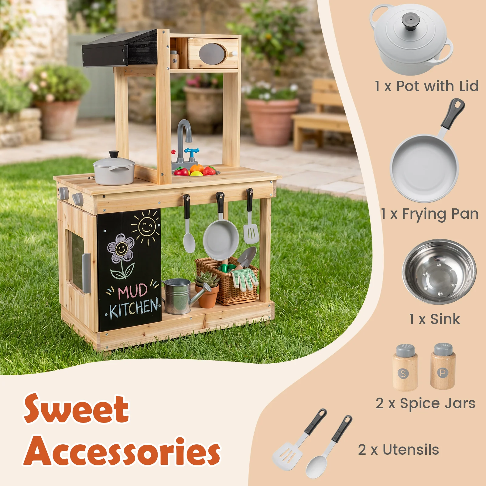 Outdoor Mud Kitchen for Kids Play Kitchen with Stoves Sink and Chalkboard - Image 9