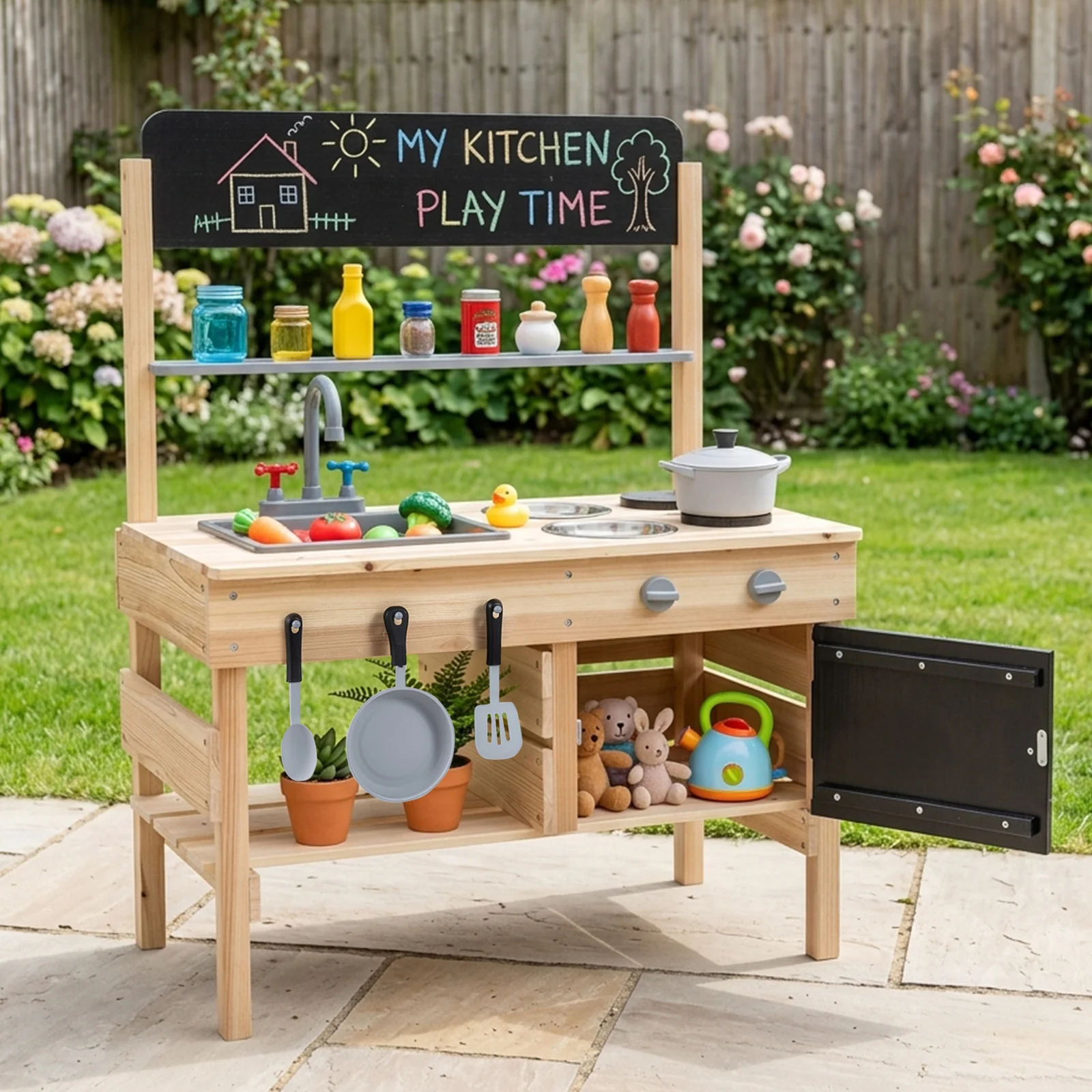 Outdoor Mud Kitchen for Kids Wooden Play Pretend Kitchen with Stoves - Image 2