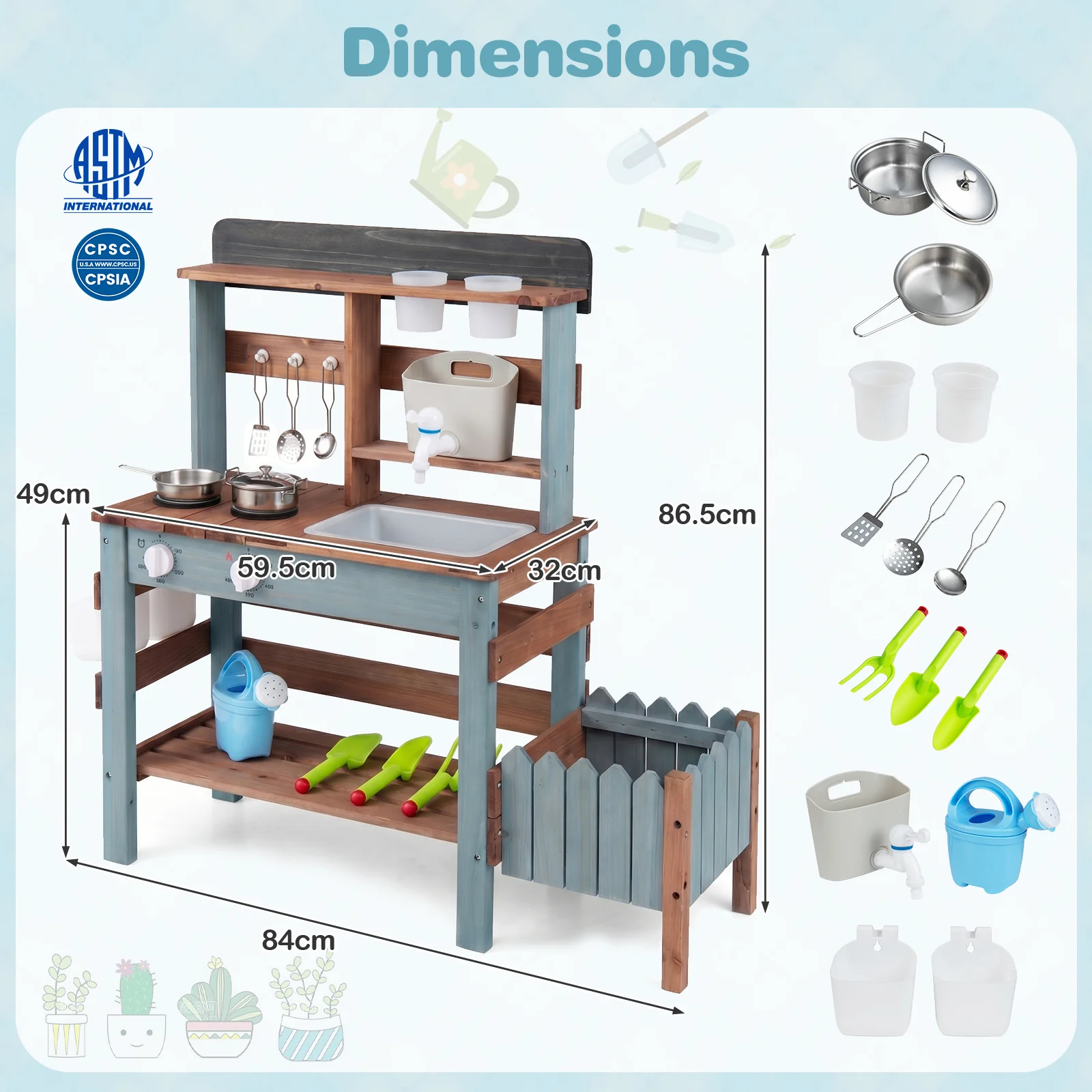 Outdoor Wooden Mud Kitchen Set Play Kitchen with Running Water Faucet Tank - Image 3