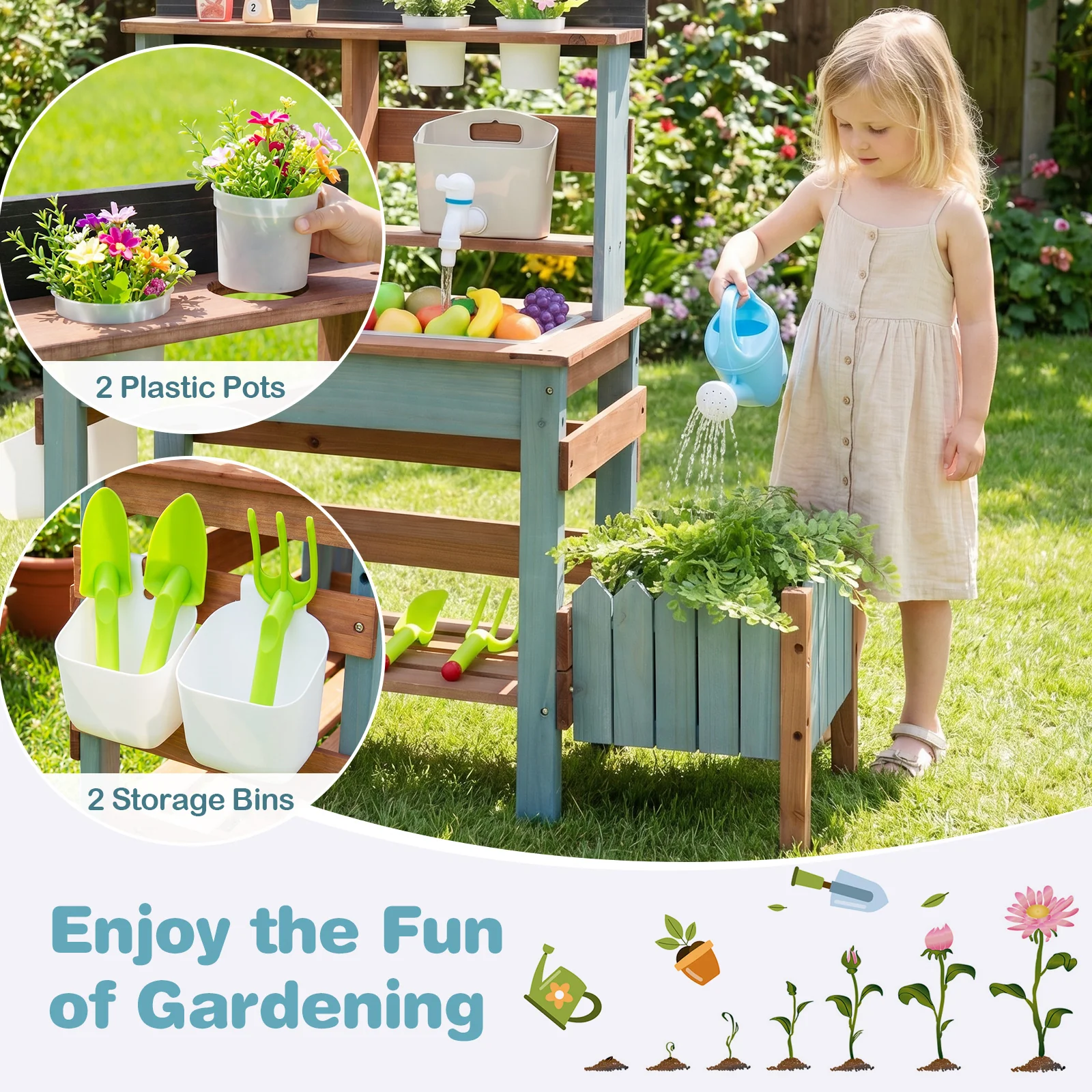 Outdoor Wooden Mud Kitchen Set Play Kitchen with Running Water Faucet Tank - Image 5