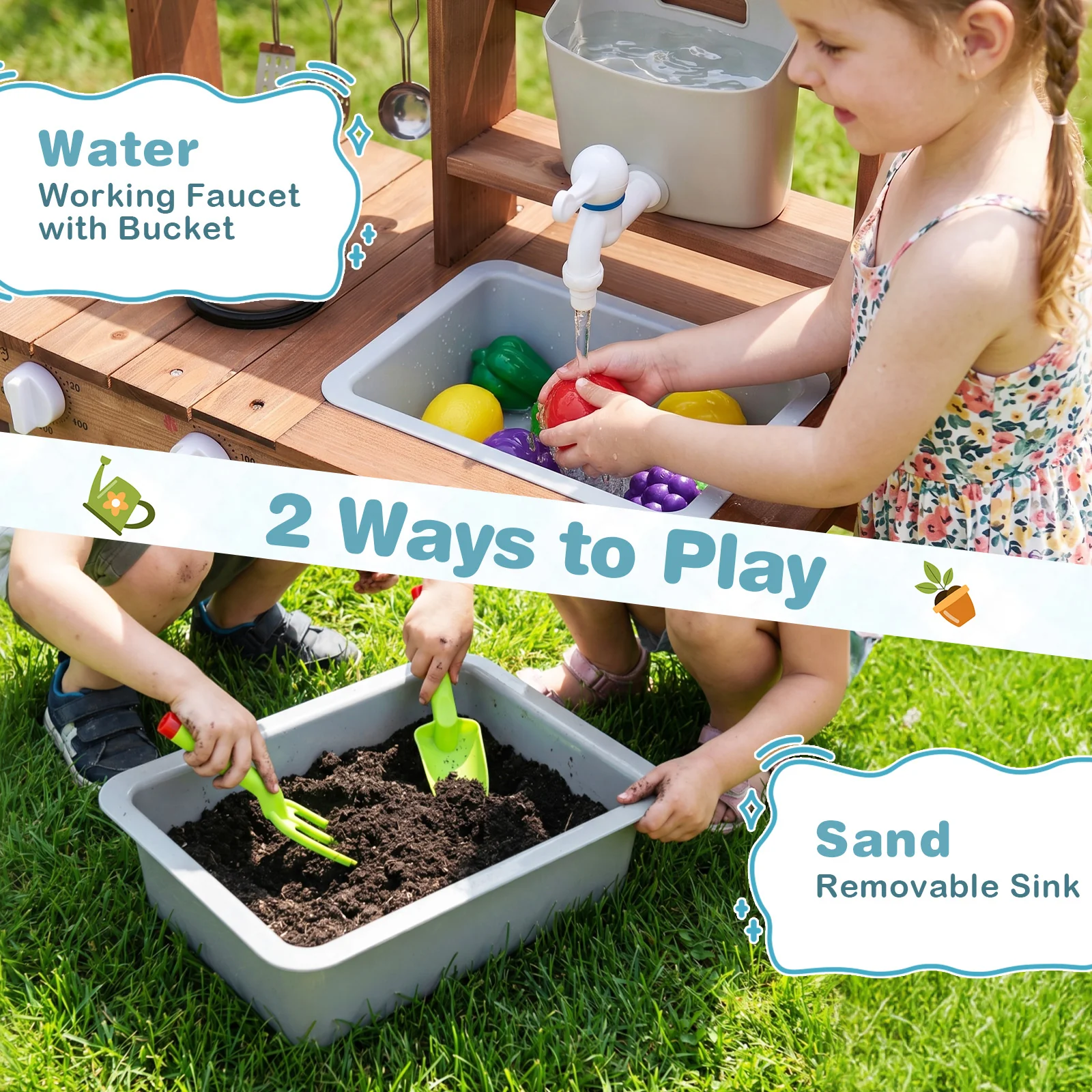 Outdoor Wooden Mud Kitchen Set Play Kitchen with Running Water Faucet Tank - Image 6
