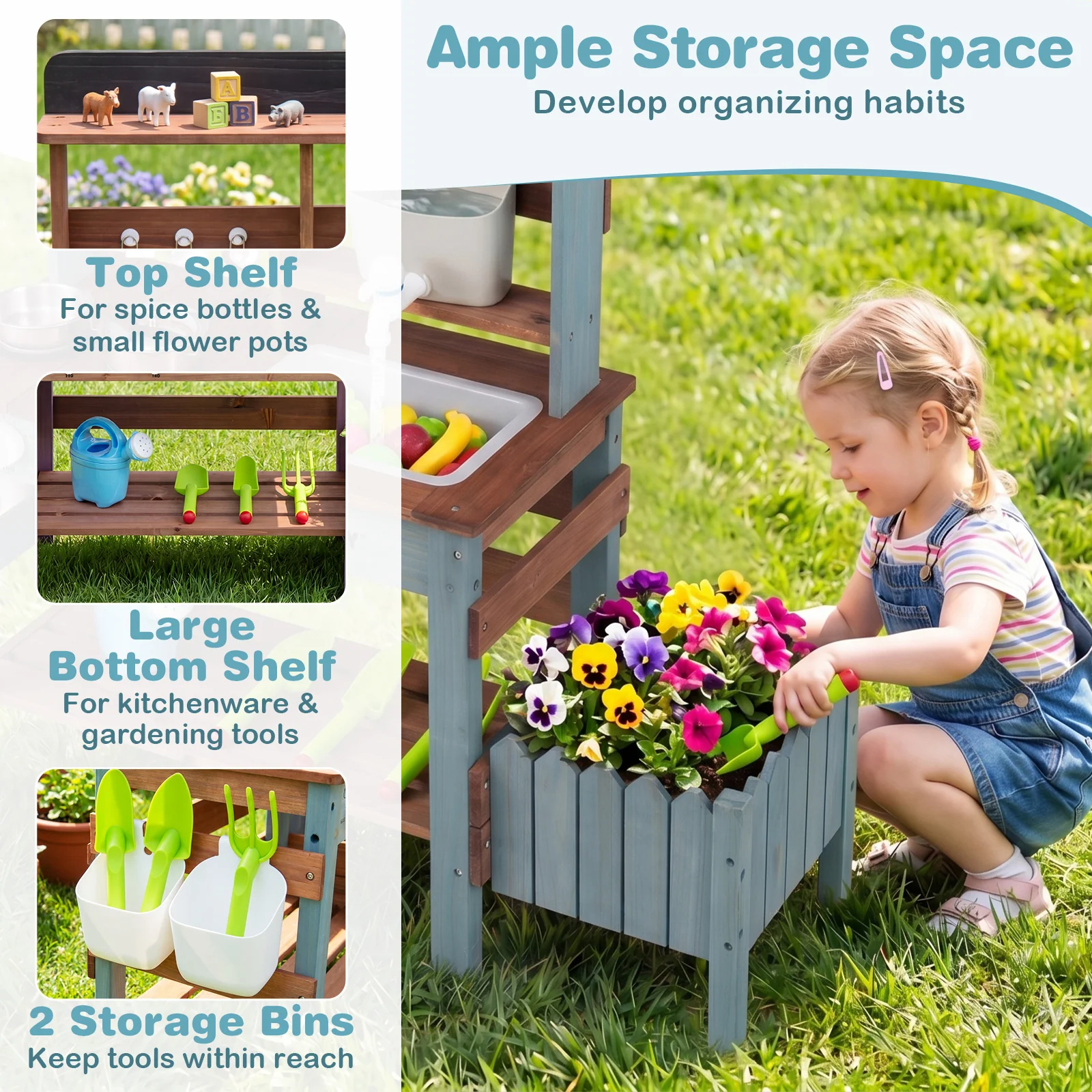 Outdoor Wooden Mud Kitchen Set Play Kitchen with Running Water Faucet Tank - Image 8