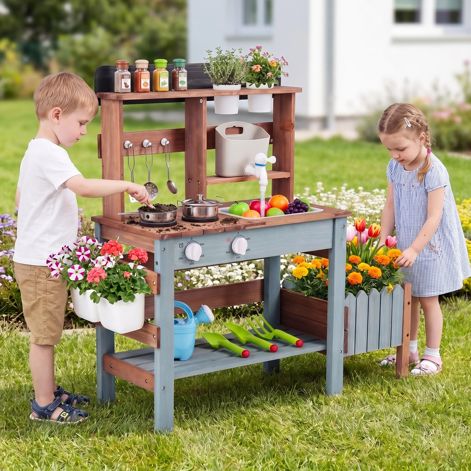Outdoor Wooden Mud Kitchen Set Play Kitchen with Running Water Faucet Tank - Image 9