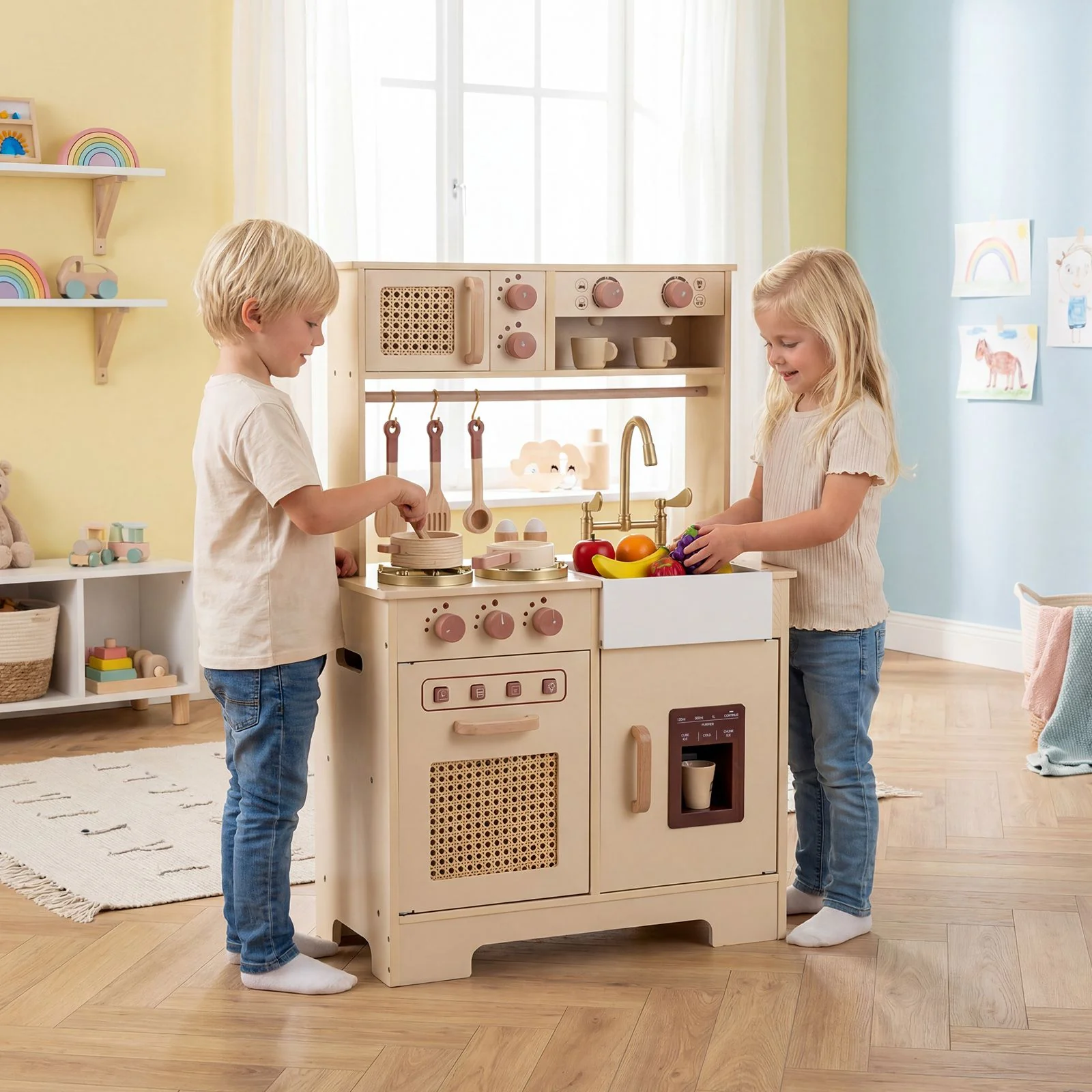 Play Kitchen for Kids Wooden Kitchen Playset with Realistic Lights and Sounds - Image 2
