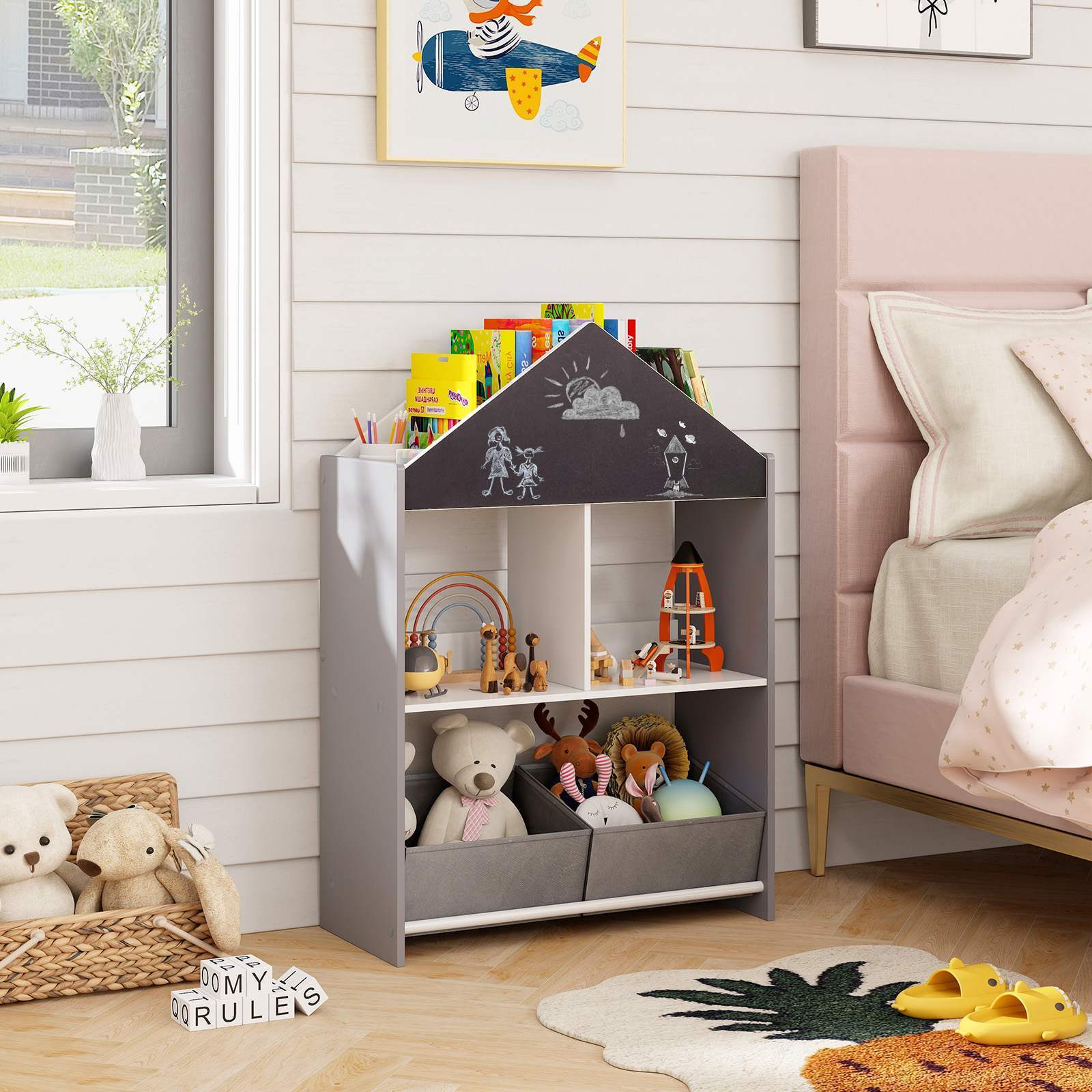 Playhouse Kids Bookshelf Wooden Toy Storage Organizer w/Chalkboard & Whiteboard - Image 2