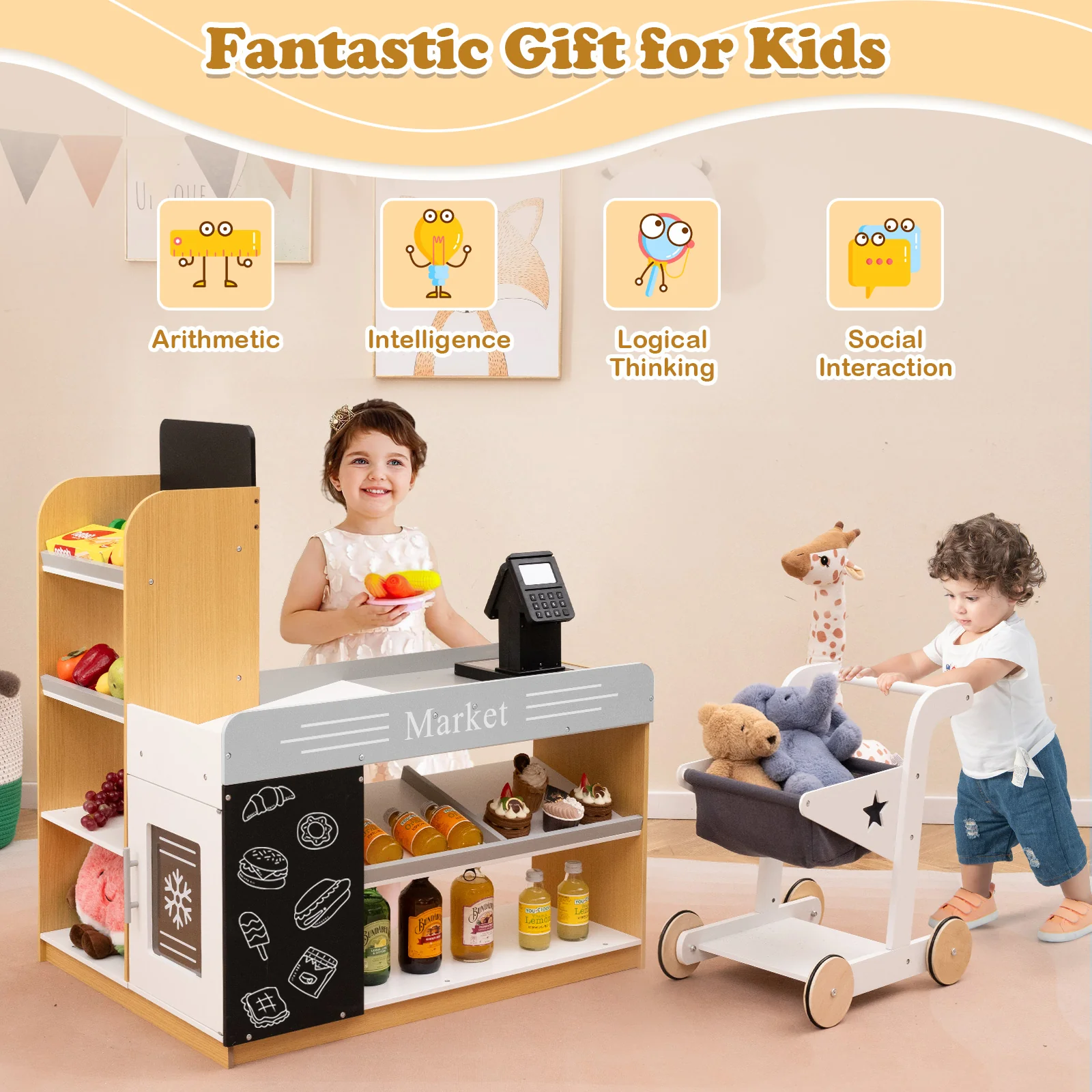 Pretend Play Grocery Store Set, Kids Market Stand with Shopping Cart, 2 Chalkboards & Cash Register - Image 3