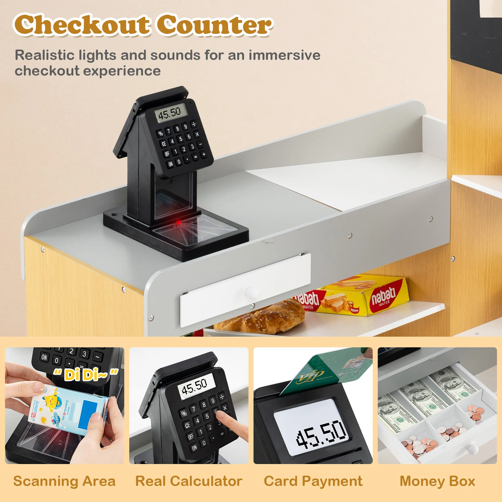 Pretend Play Grocery Store Set, Kids Market Stand with Shopping Cart, 2 Chalkboards & Cash Register - Image 4