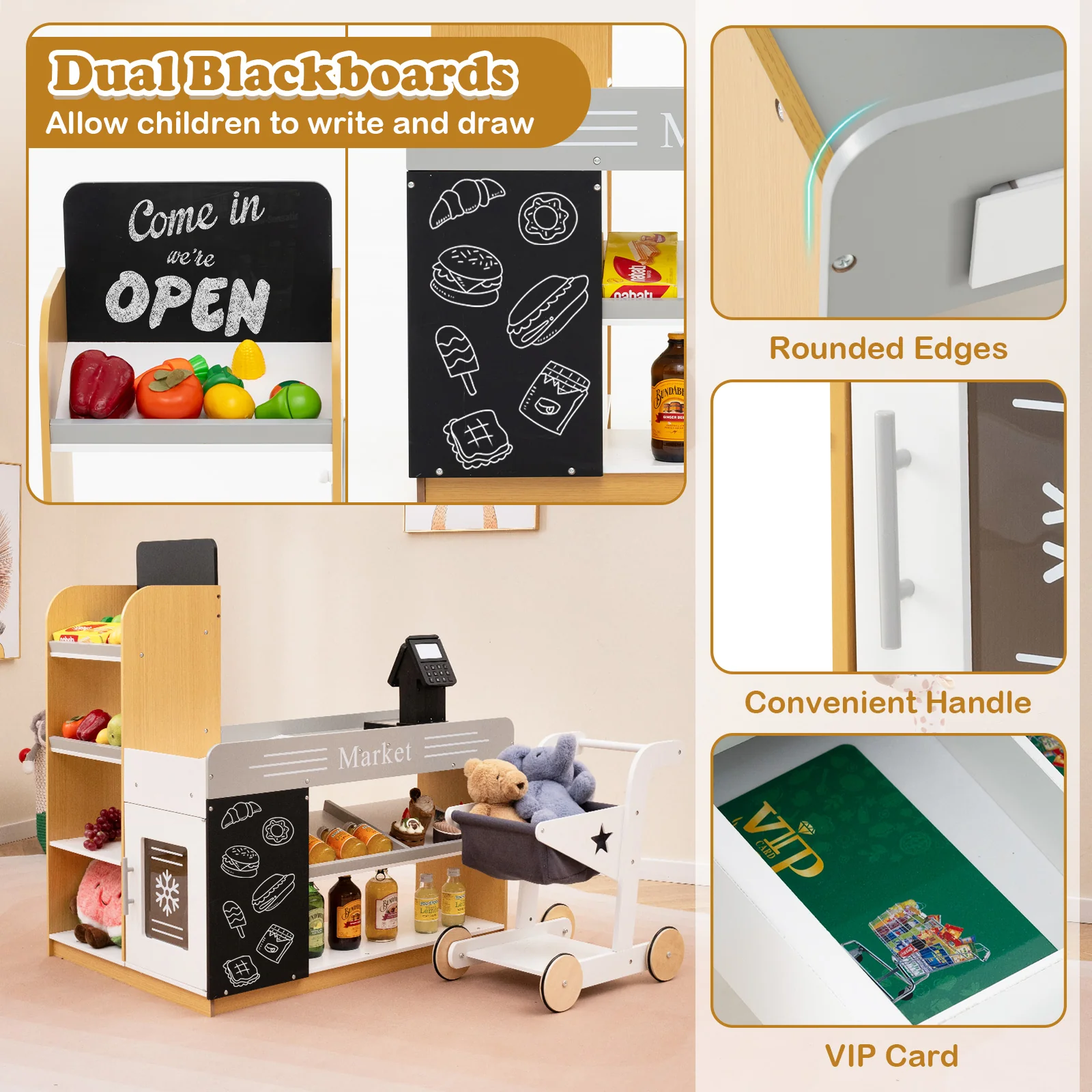 Pretend Play Grocery Store Set, Kids Market Stand with Shopping Cart, 2 Chalkboards & Cash Register - Image 5