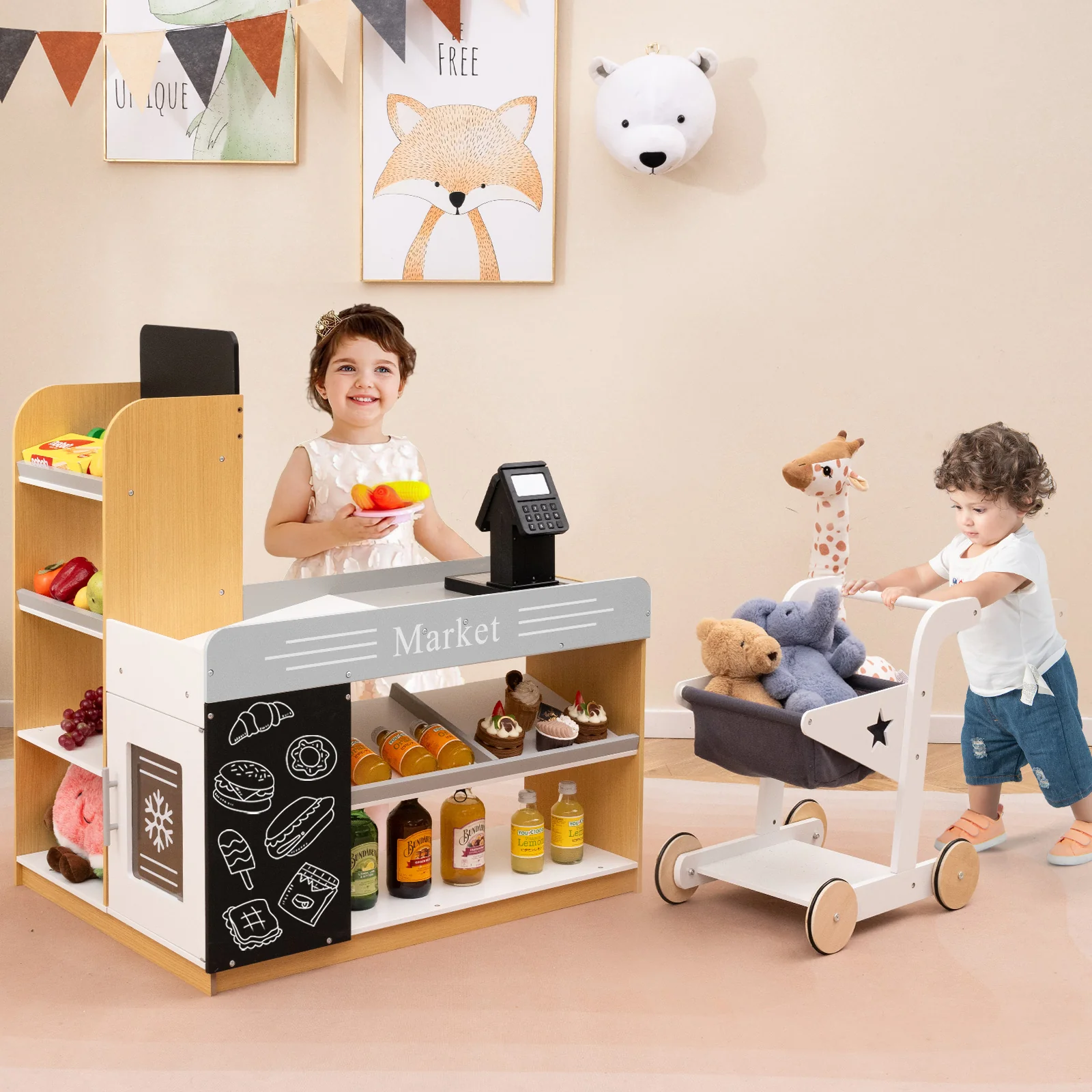 Pretend Play Grocery Store Set, Kids Market Stand with Shopping Cart, 2 Chalkboards & Cash Register - Image 8