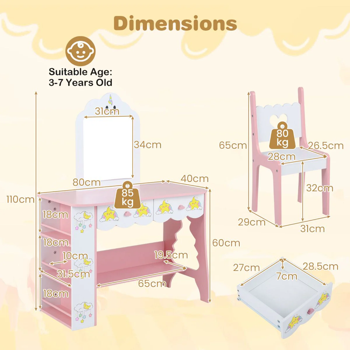 Princess Girls Makeup Table with Mirror and Chair - Image 3
