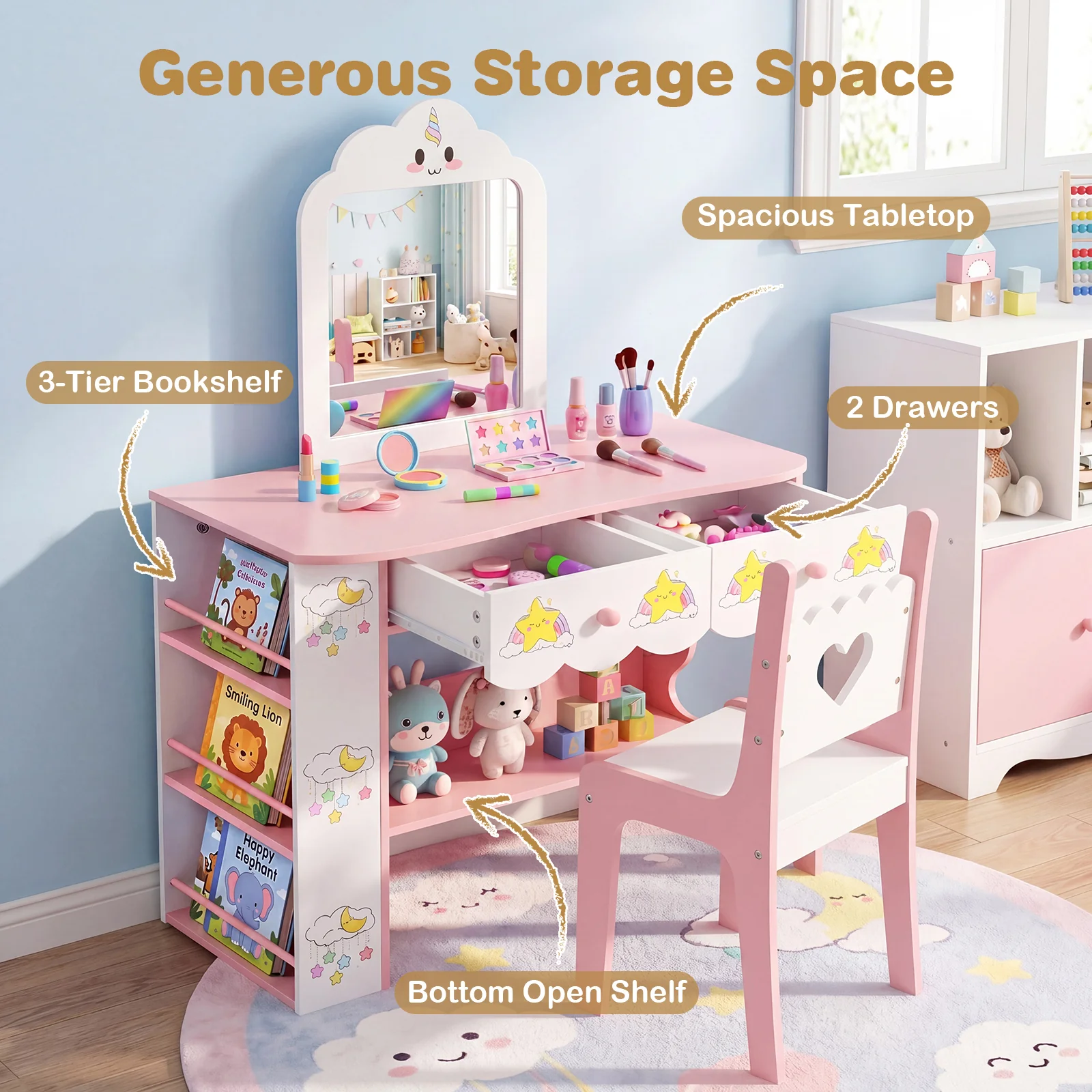 Princess Girls Makeup Table with Mirror and Chair - Image 8