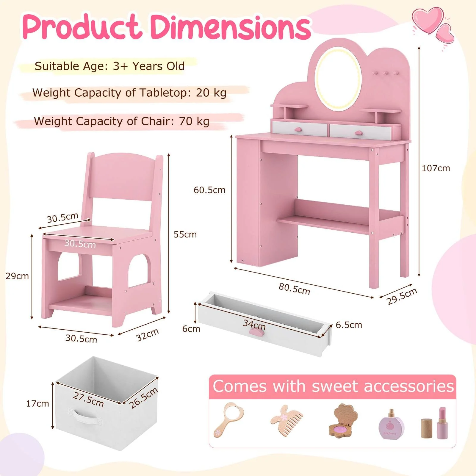 Princess Vanity Table and Chair Set with 2 Drawers - Image 3