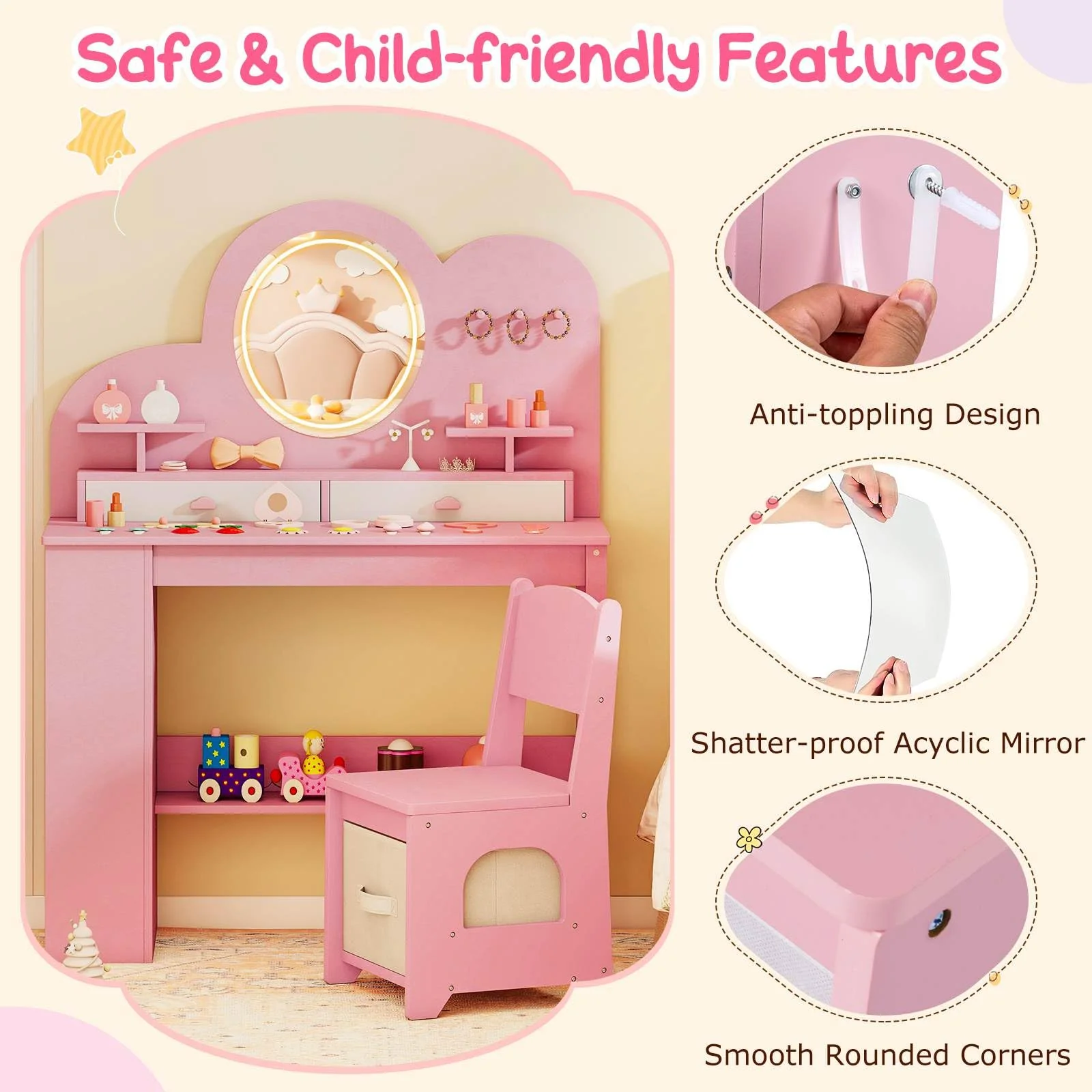 Princess Vanity Table and Chair Set with 2 Drawers - Image 8