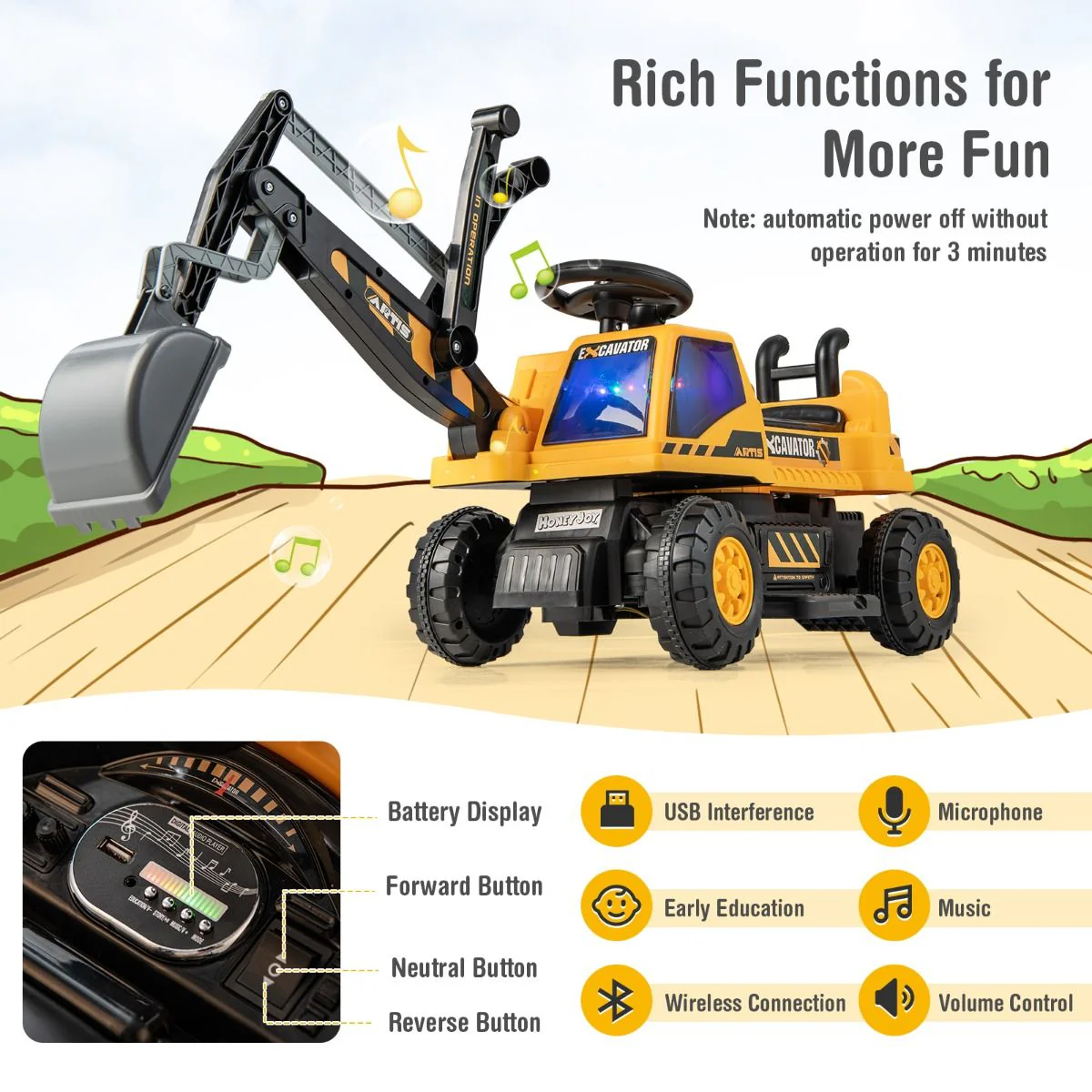 Ride-on Excavator with Music LED Lights and 30° Rotatable for Kids - Image 4