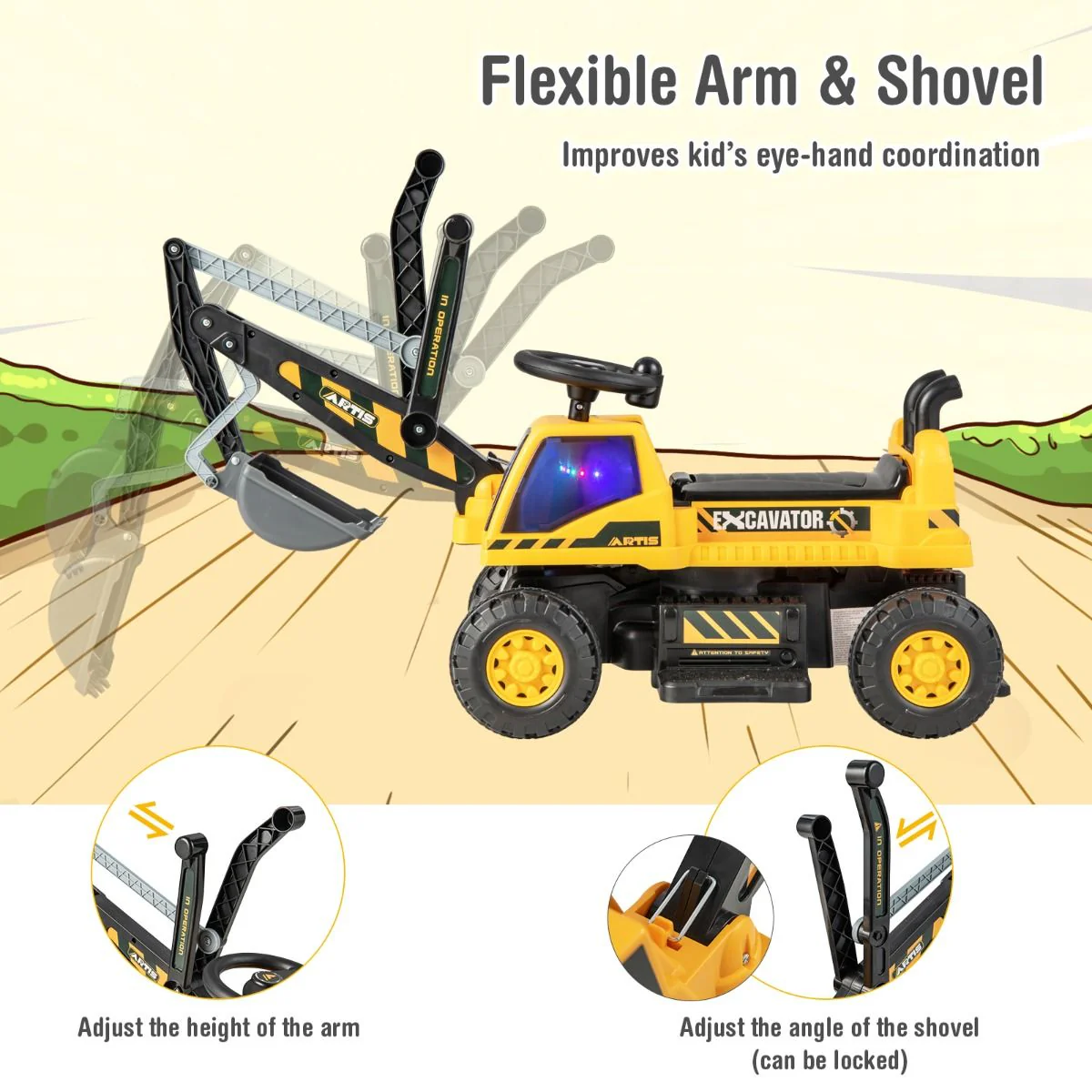Ride-on Excavator with Music LED Lights and 30° Rotatable for Kids - Image 6