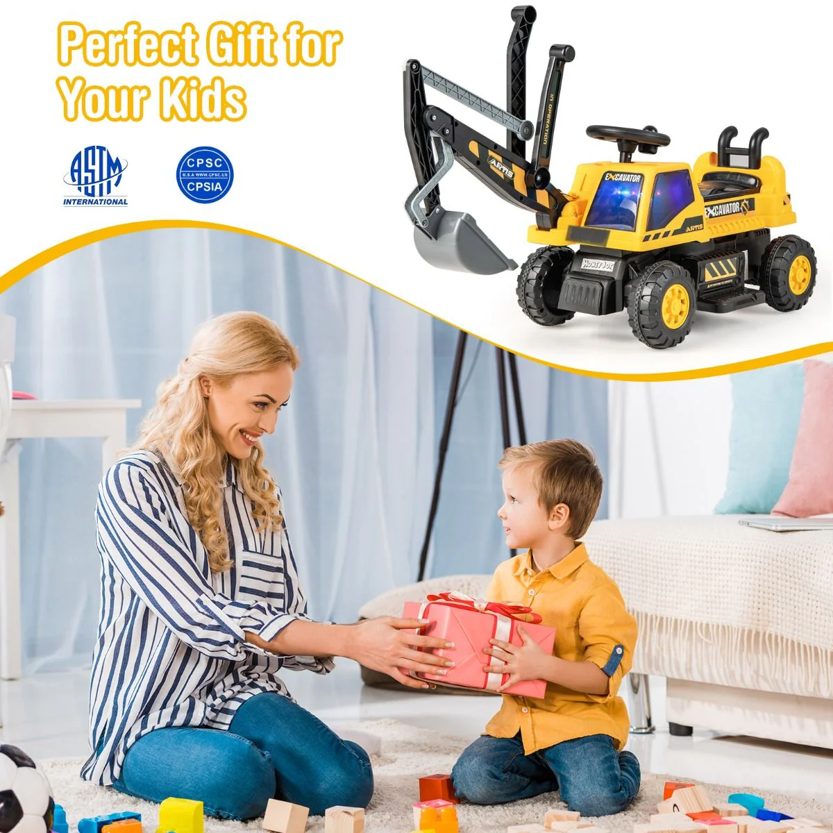 Ride-on Excavator with Music LED Lights and 30° Rotatable for Kids - Image 8