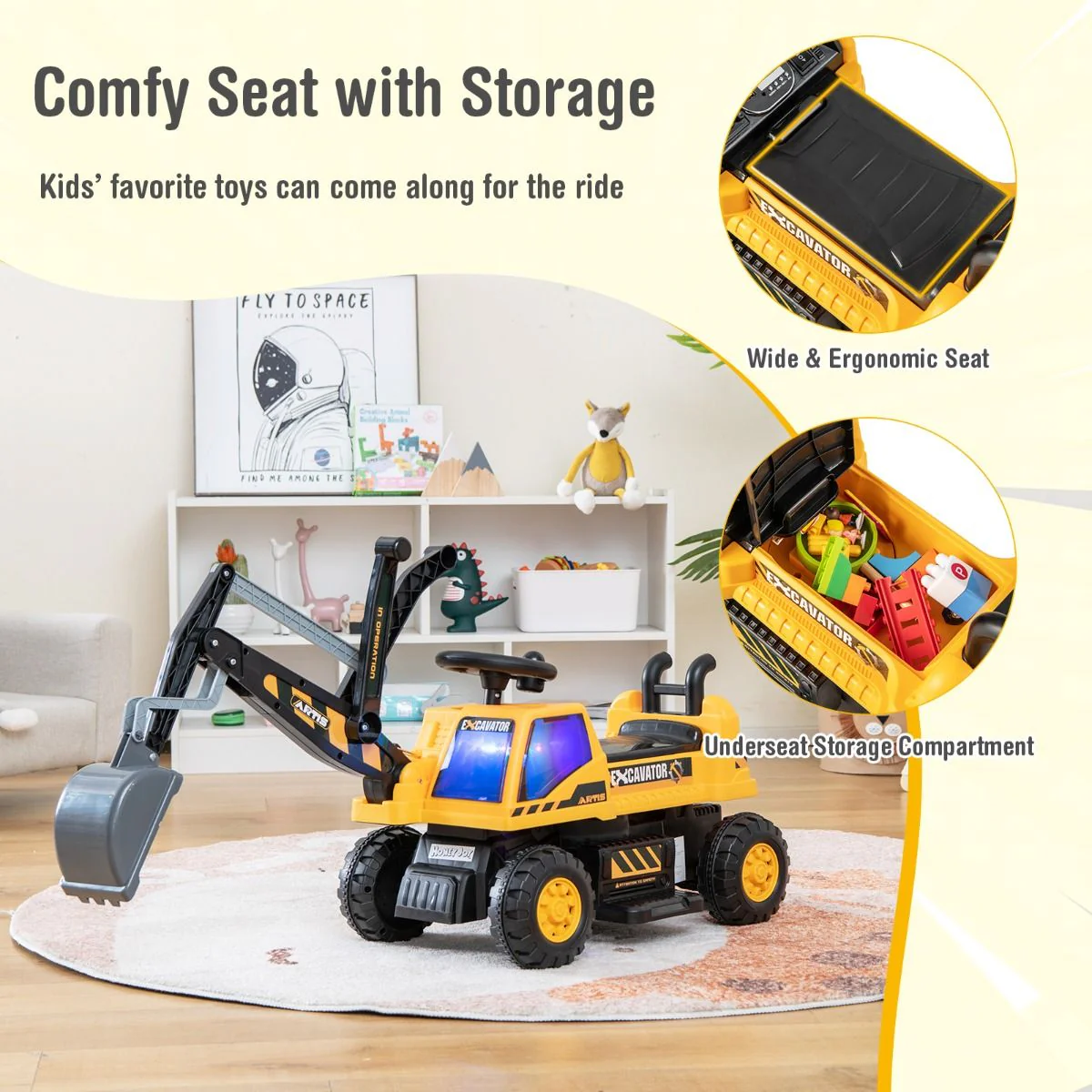 Ride-on Excavator with Music LED Lights and 30° Rotatable for Kids - Image 9